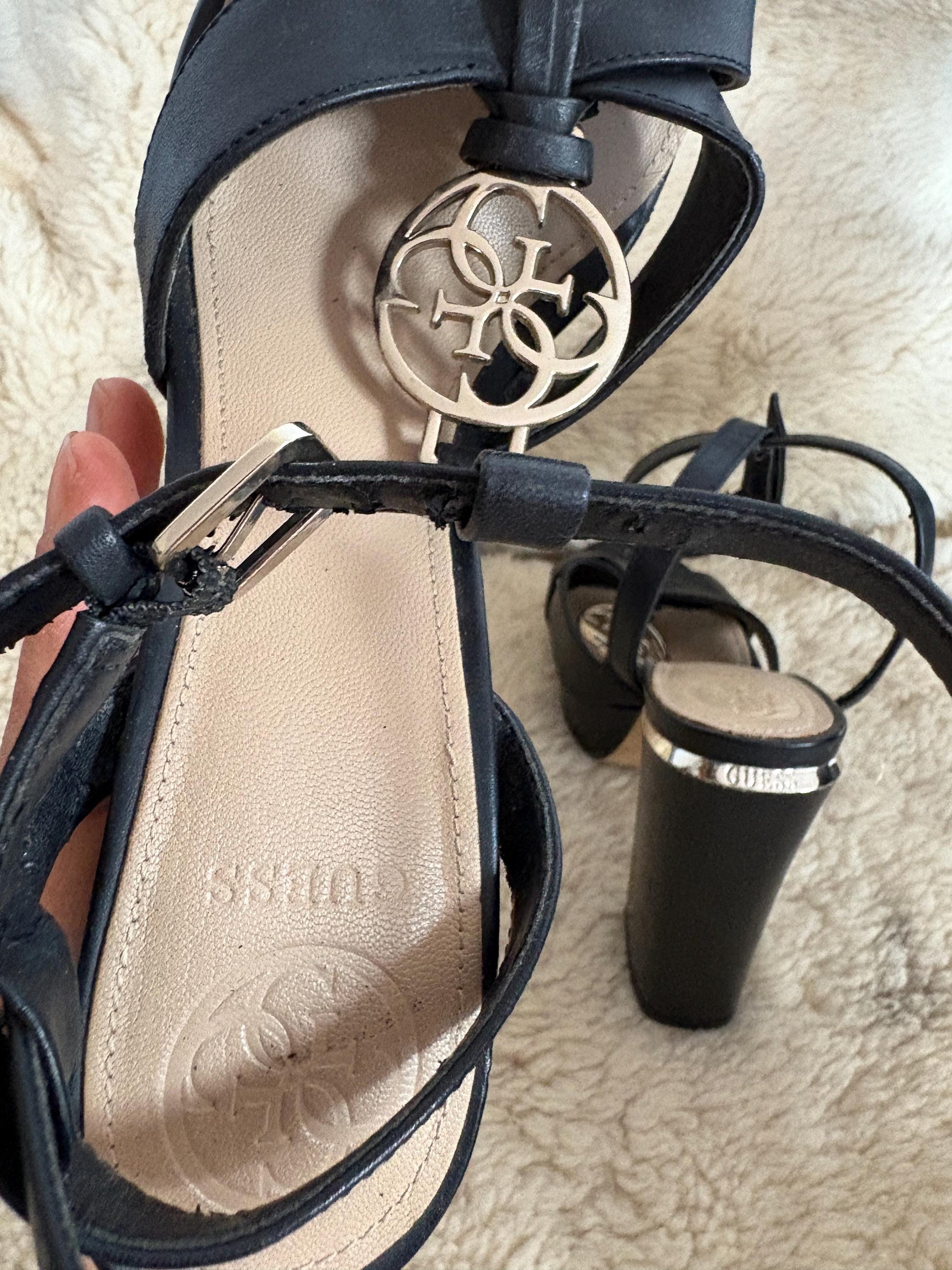 Vintage Guess Black Platform Heels, 2000s Y2K Strappy Sandals, High Block Heels with Logo Charm, Party Evening Shoes, Size EU 37