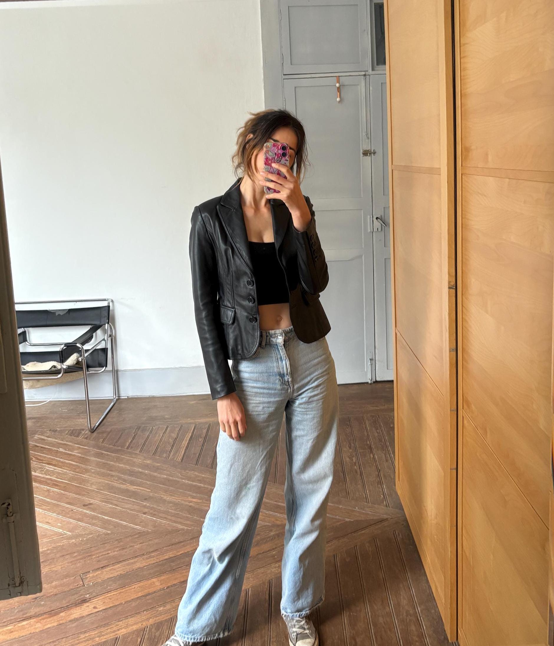 Vintage Black Leather Blazer, Tailored Y2K Moto-Inspired Jacket, Size XS - S