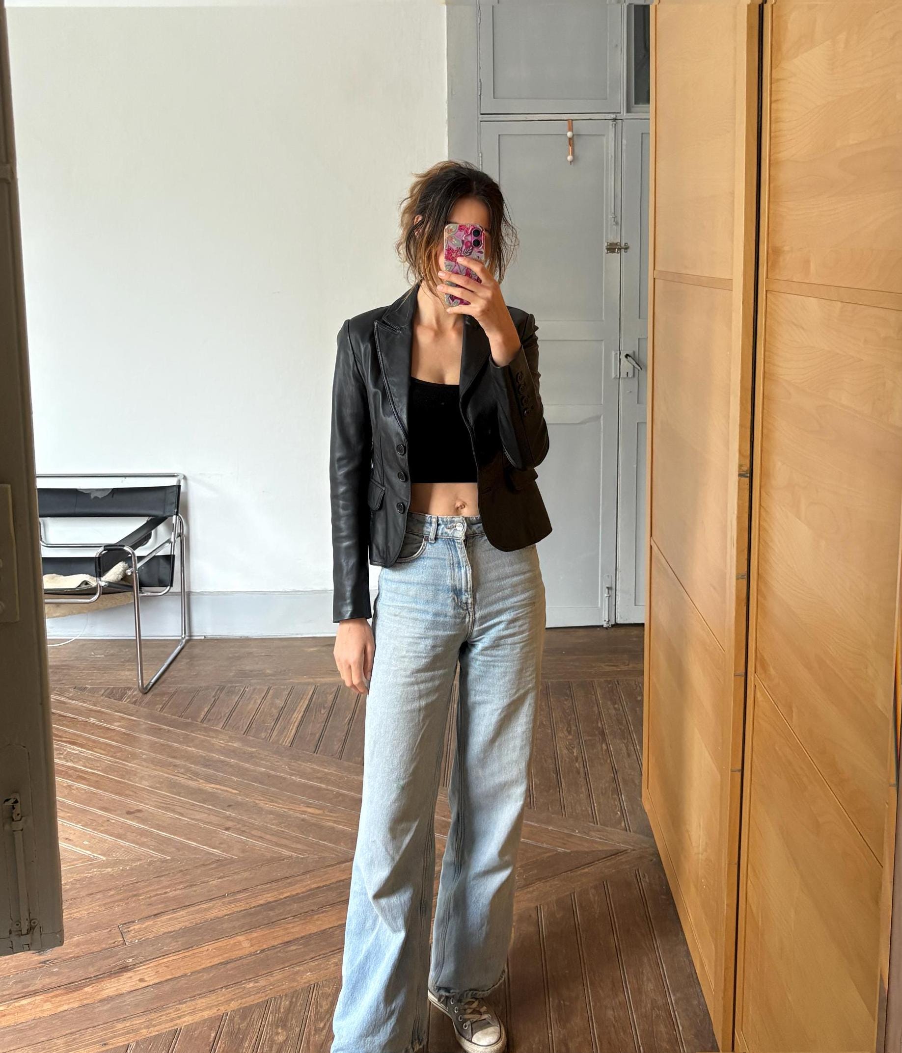 Vintage Black Leather Blazer – Tailored Y2K Moto-Inspired Jacket