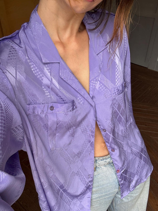Y2K Oversized Purple Satin Button-Down Shirt