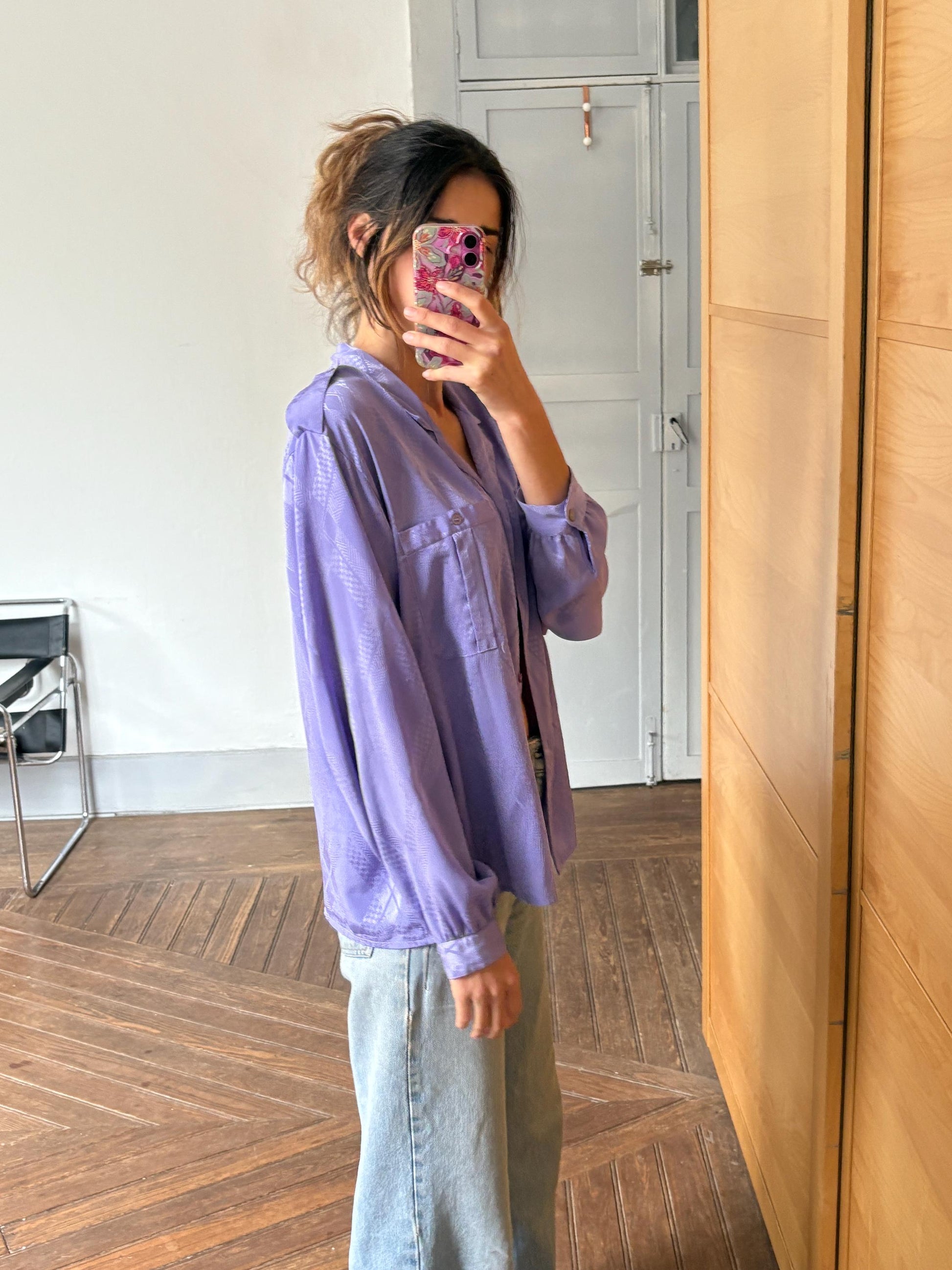 Vintage Satin-Like Purple Button-Down Shirt – Y2K Oversized & Elegant