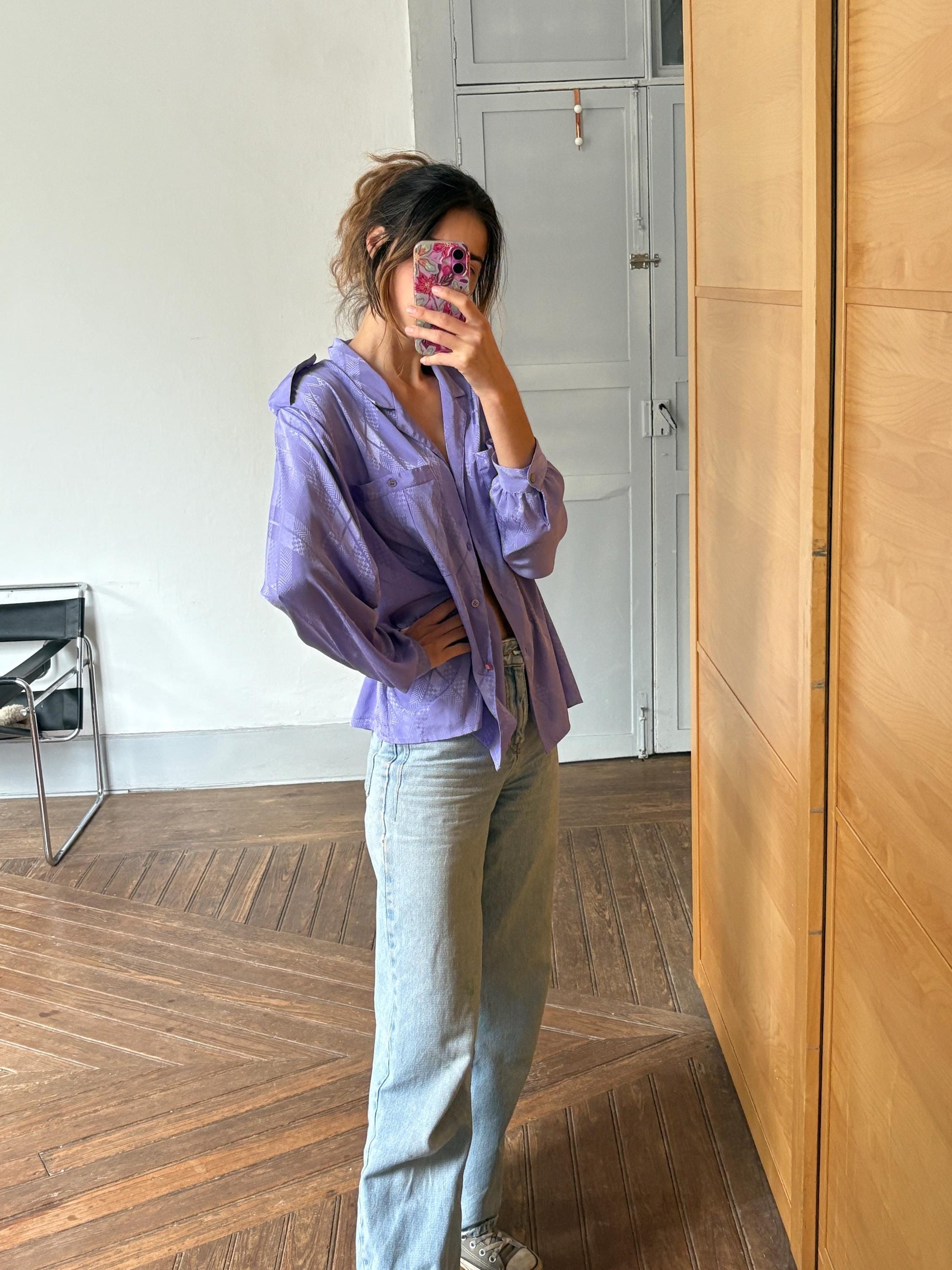 Vintage Satin-Like Purple Button-Down Shirt – Y2K Oversized & Elegant