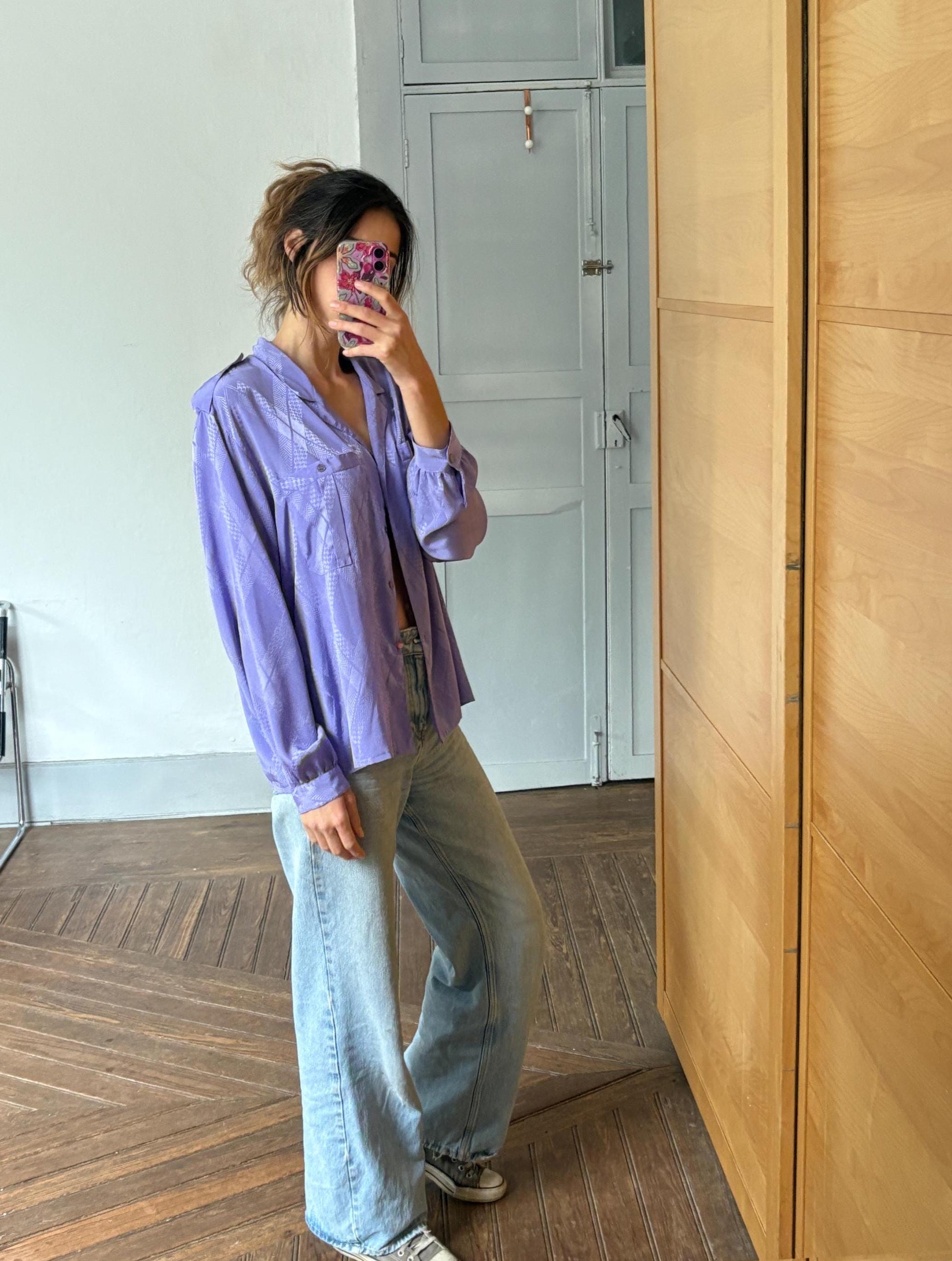 Y2K Oversized Purple Satin Button-Down Shirt — fabric close-up