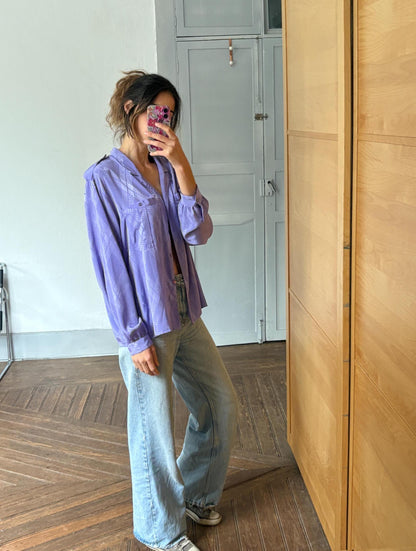 Y2K Oversized Purple Satin Button-Down Shirt — fabric close-up