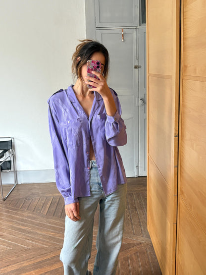 Y2K Oversized Purple Satin Button-Down Shirt — detail