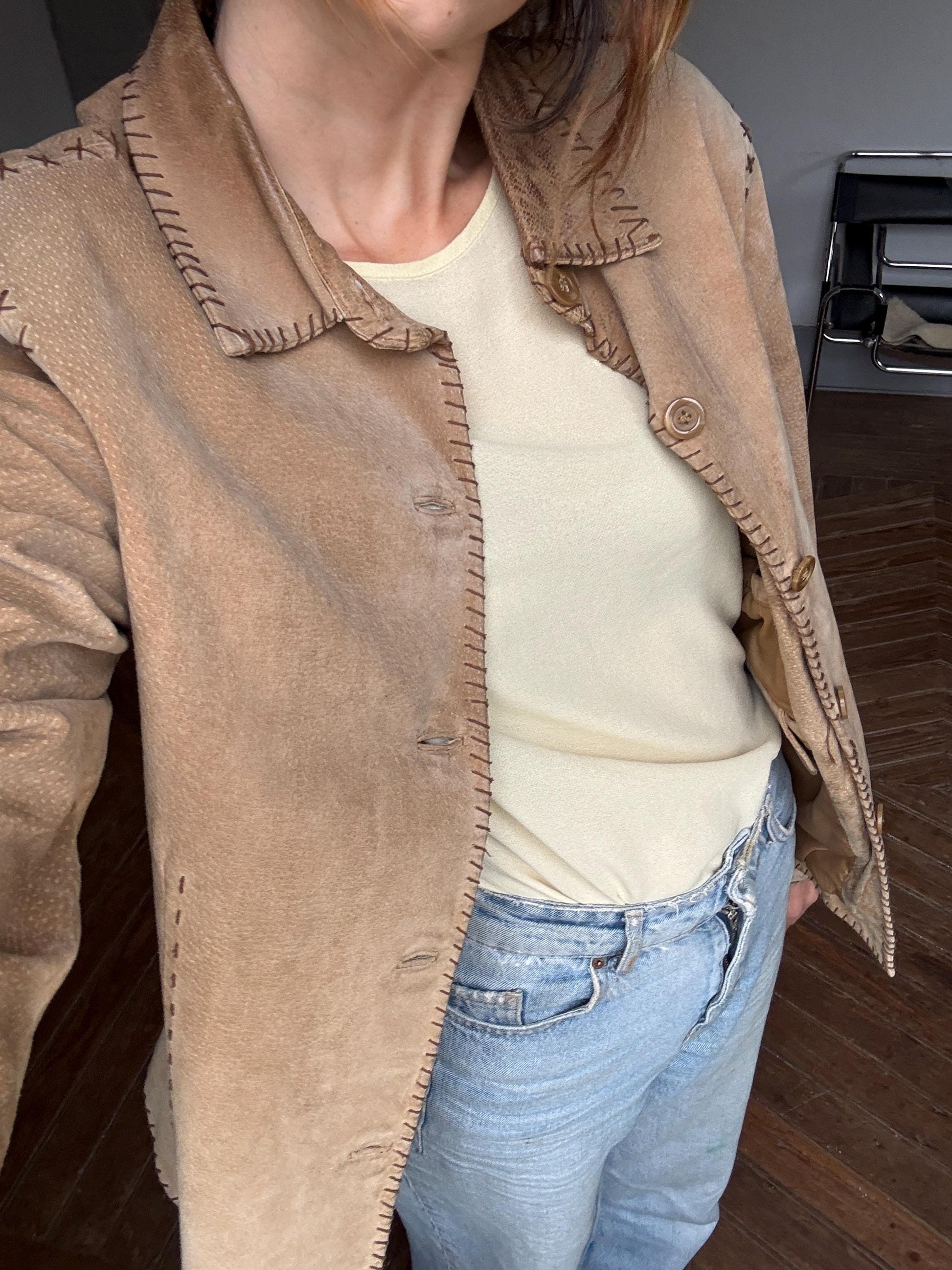 Vintage tan Leather Jacket, Genuine Pigskin Western Boho brown Blazer, Size I 46 | UK 14 | Spain 42 | USA M