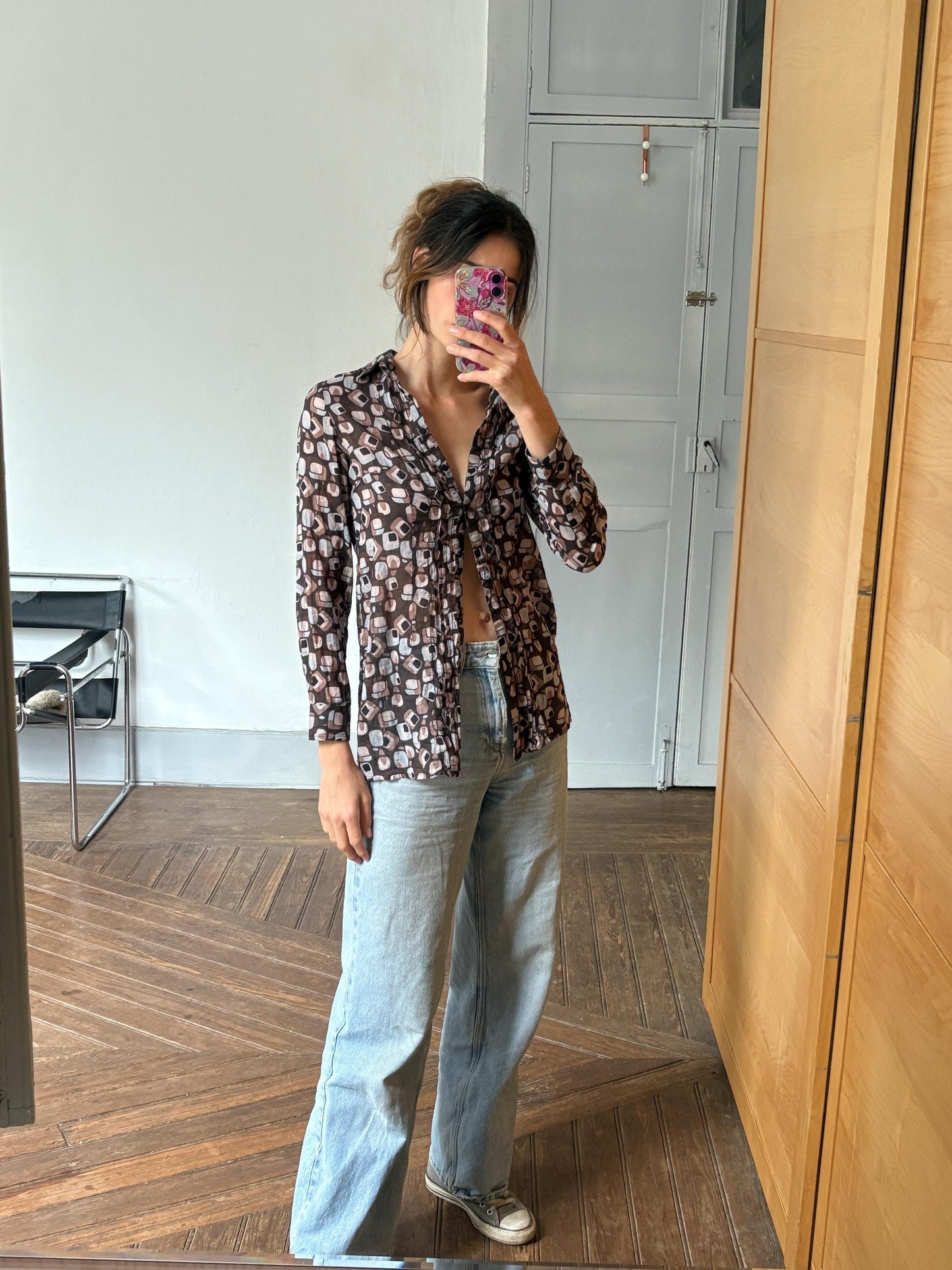 Vintage Sheer Cotton Button-Up Shirt – 70s Geometric Print Blouse, classic relaxed fit, breathable casual top, Size S