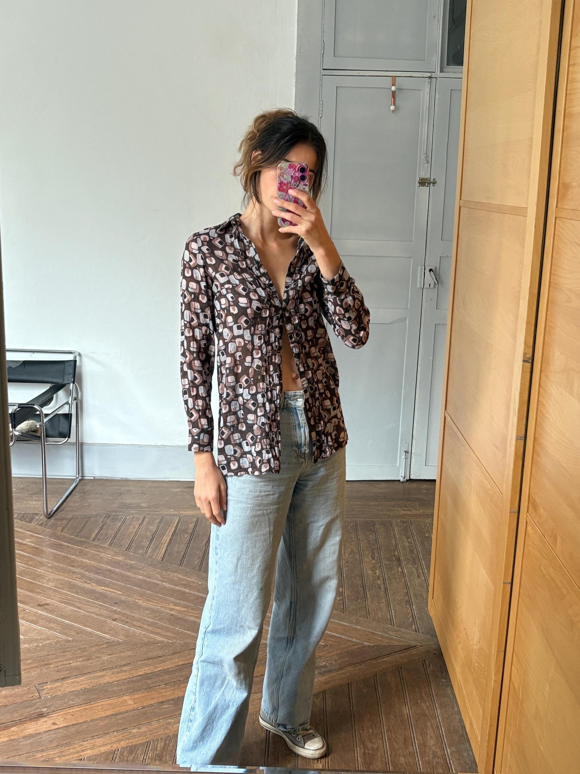 Vintage Sheer Cotton Button-Up Shirt – 70s Geometric Print Blouse, classic relaxed fit, breathable casual top, Size S