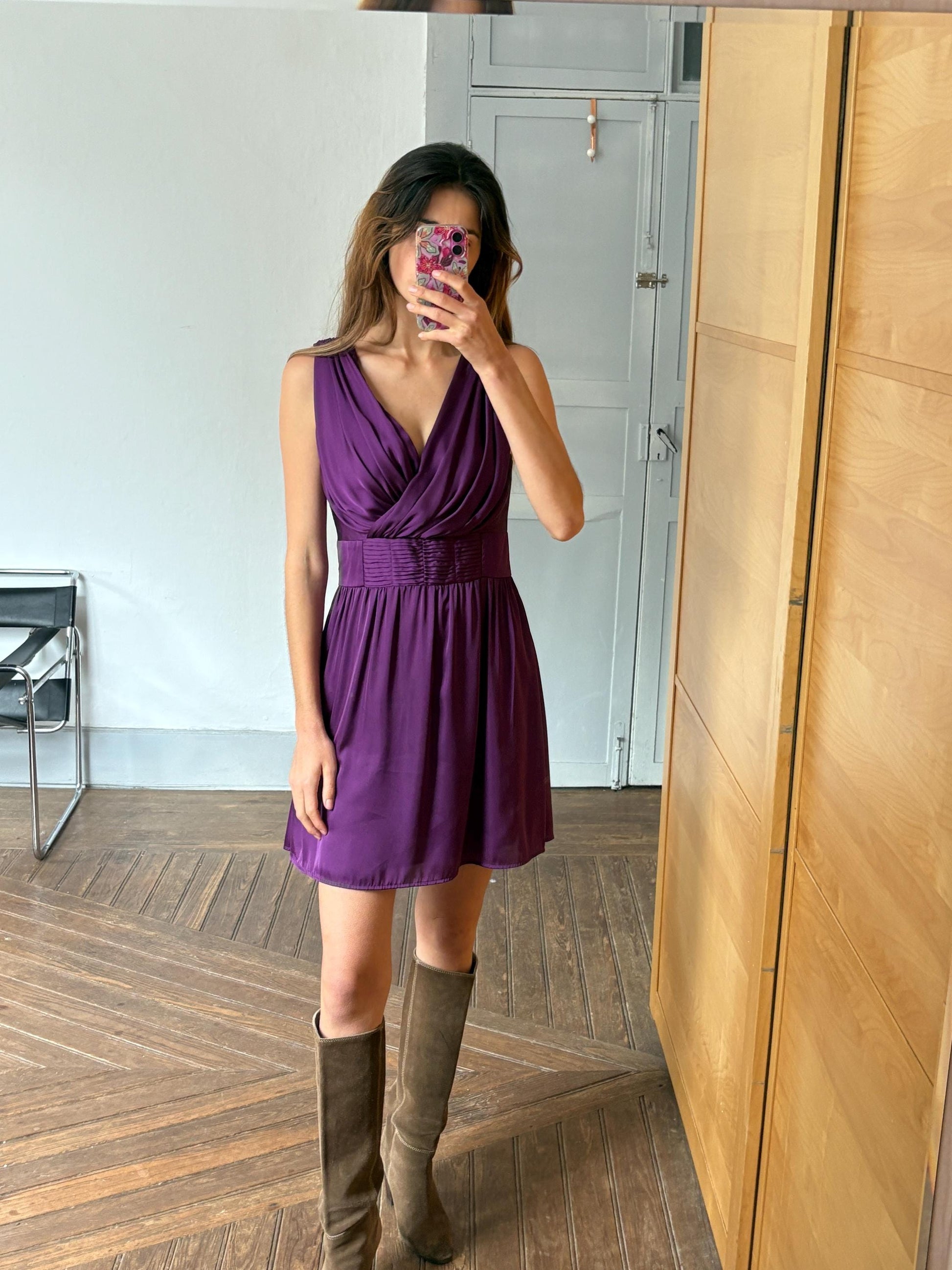 Vintage Silvian Heach Purple Formal Dress Elegant Draped Sleeveless Evening Mini Dress Party Cocktail Chic Retro 90s Y2K Aesthetic