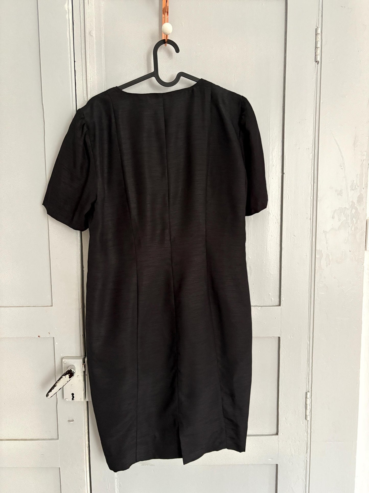 Vintage Handmade Black Dress Short Sleeve Elegant Minimalist Shift Dress with Button Details Retro 90s Chic Cocktail Party Outfit