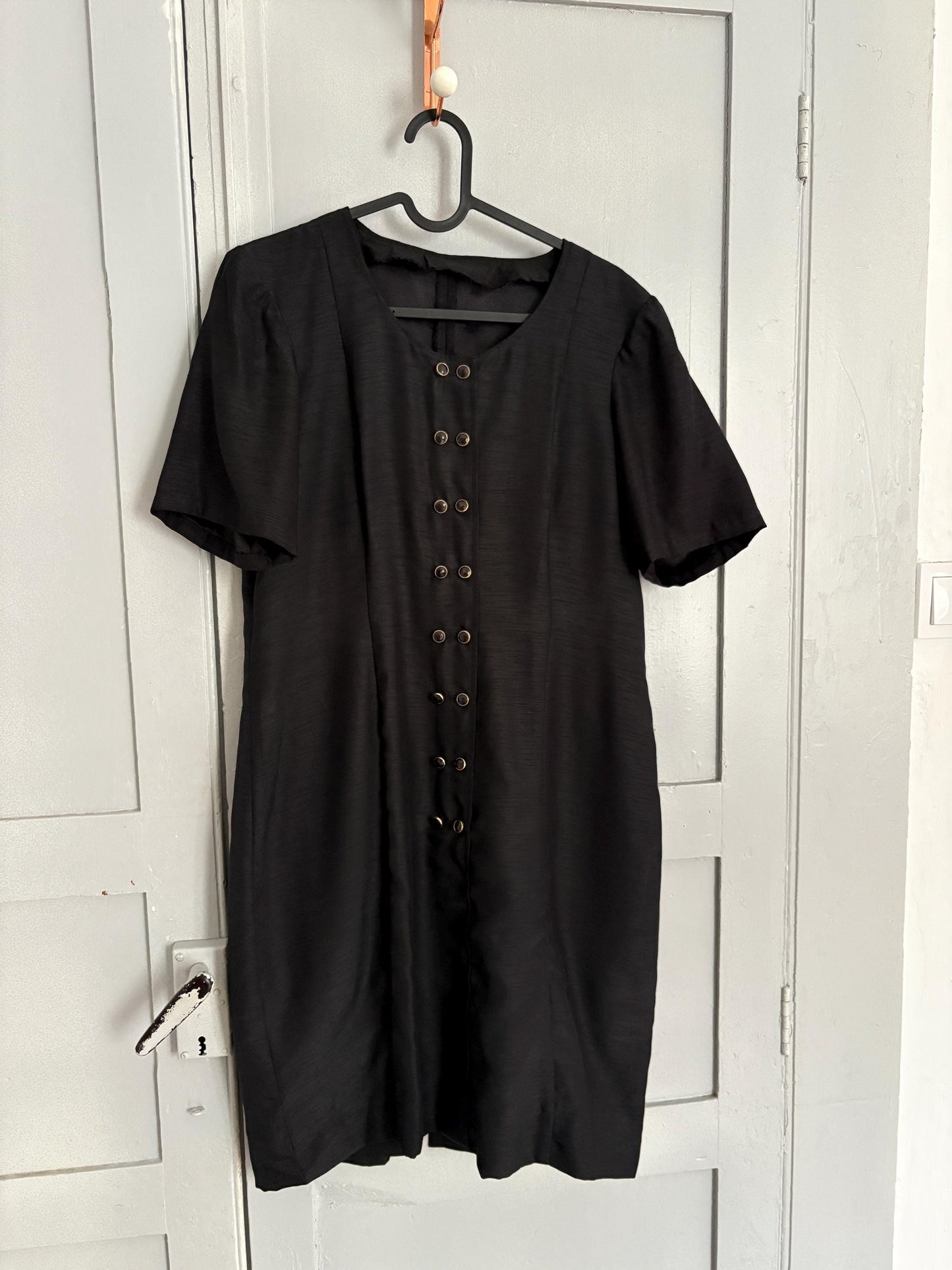 Vintage Handmade Black Dress Short Sleeve Elegant Minimalist Shift Dress with Button Details Retro 90s Chic Cocktail Party Outfit