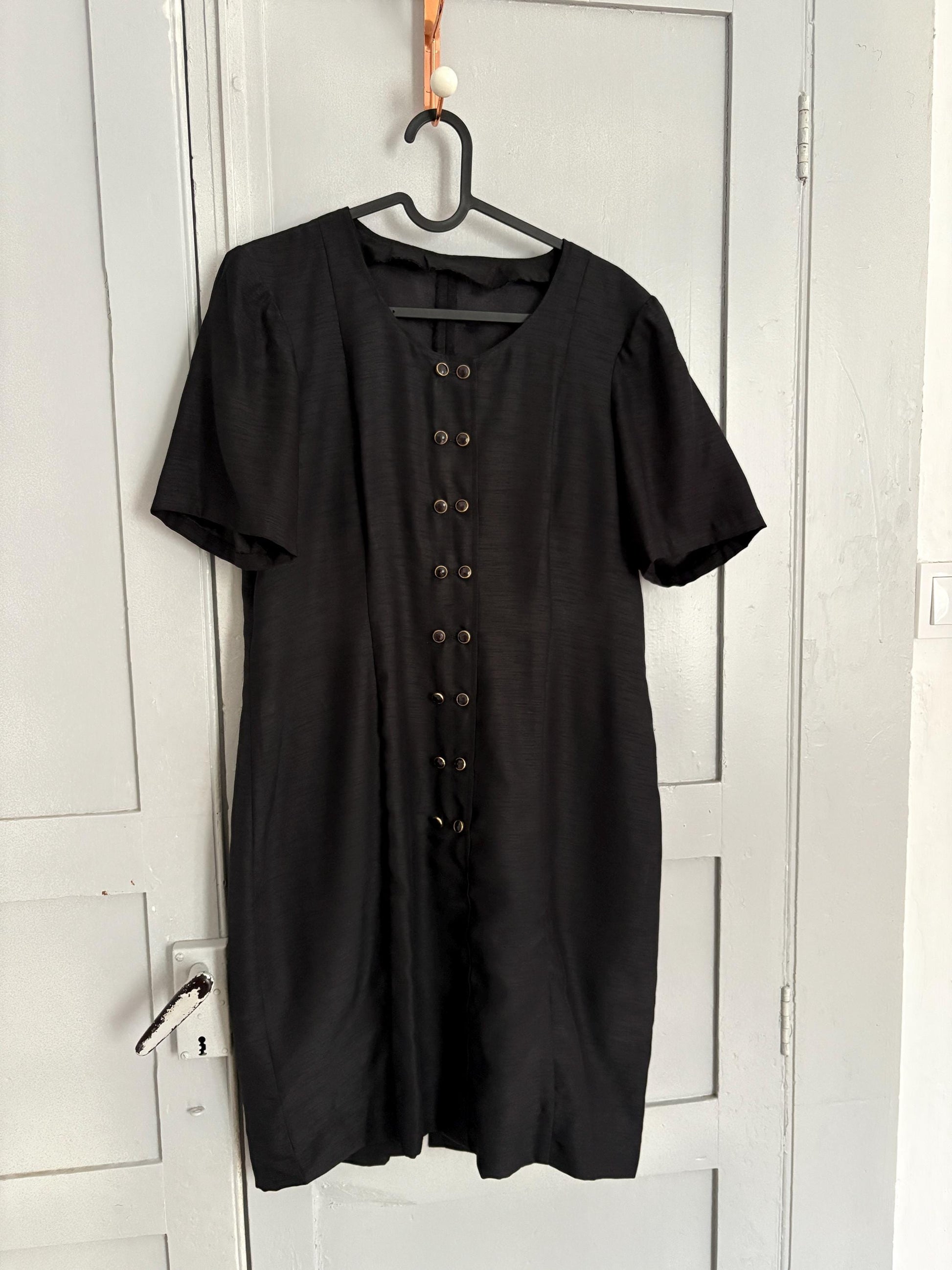 Vintage Handmade Black Dress Short Sleeve Elegant Minimalist Shift Dress with Button Details Retro 90s Chic Cocktail Party Outfit