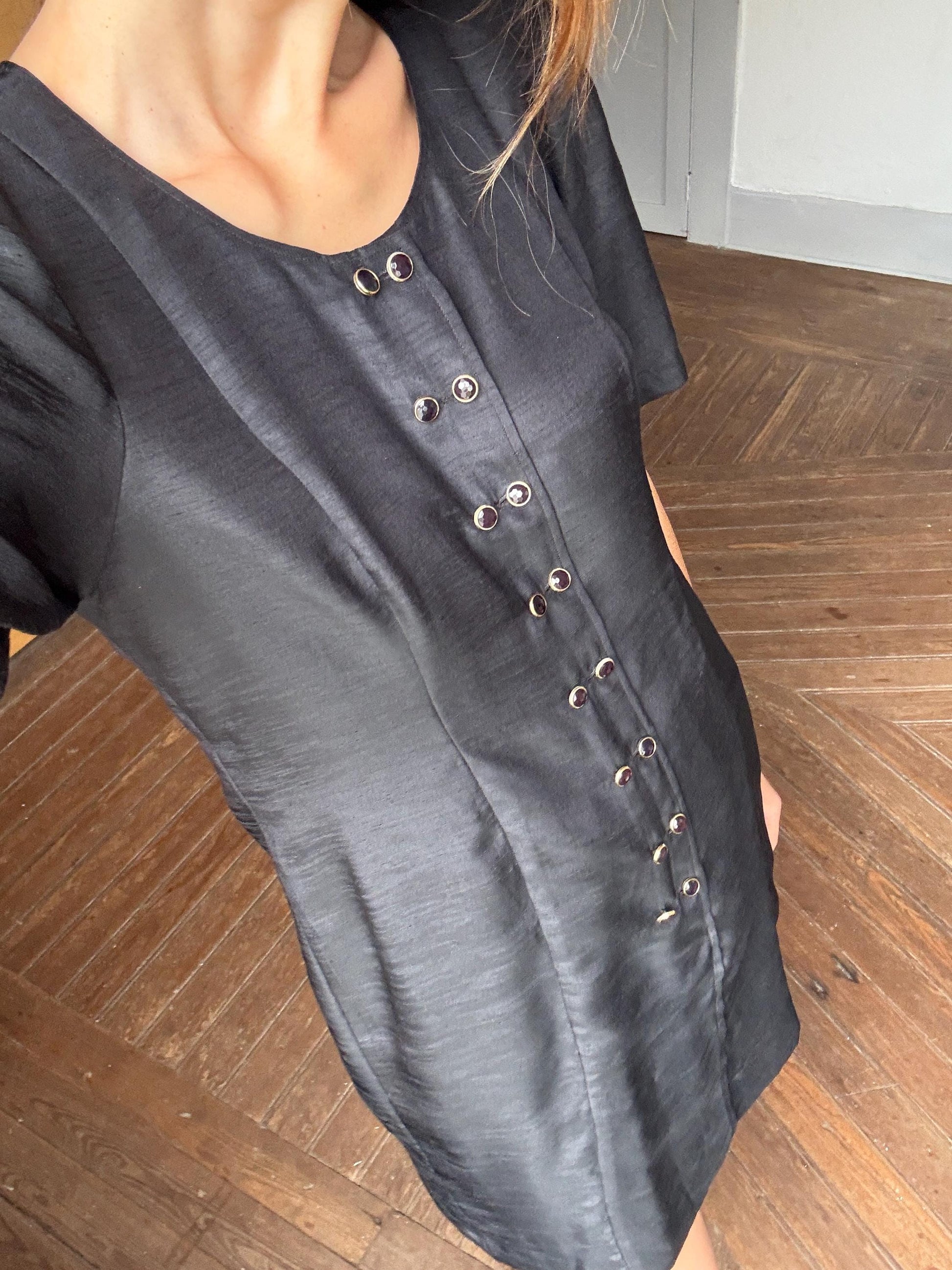 Vintage Handmade Black Dress Short Sleeve Elegant Minimalist Shift Dress with Button Details Retro 90s Chic Cocktail Party Outfit
