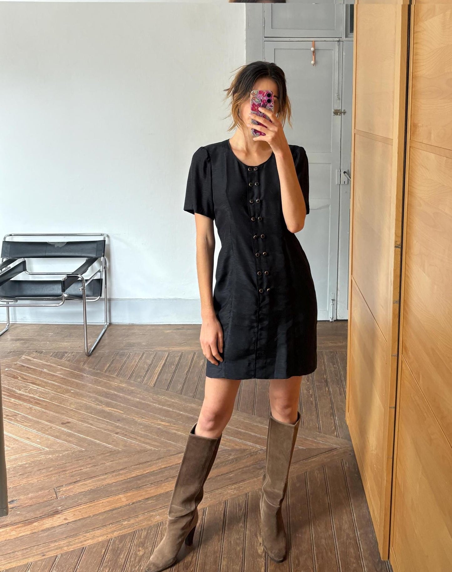 Vintage Handmade Black Dress Short Sleeve Elegant Minimalist Shift Dress with Button Details Retro 90s Chic Cocktail Party Outfit