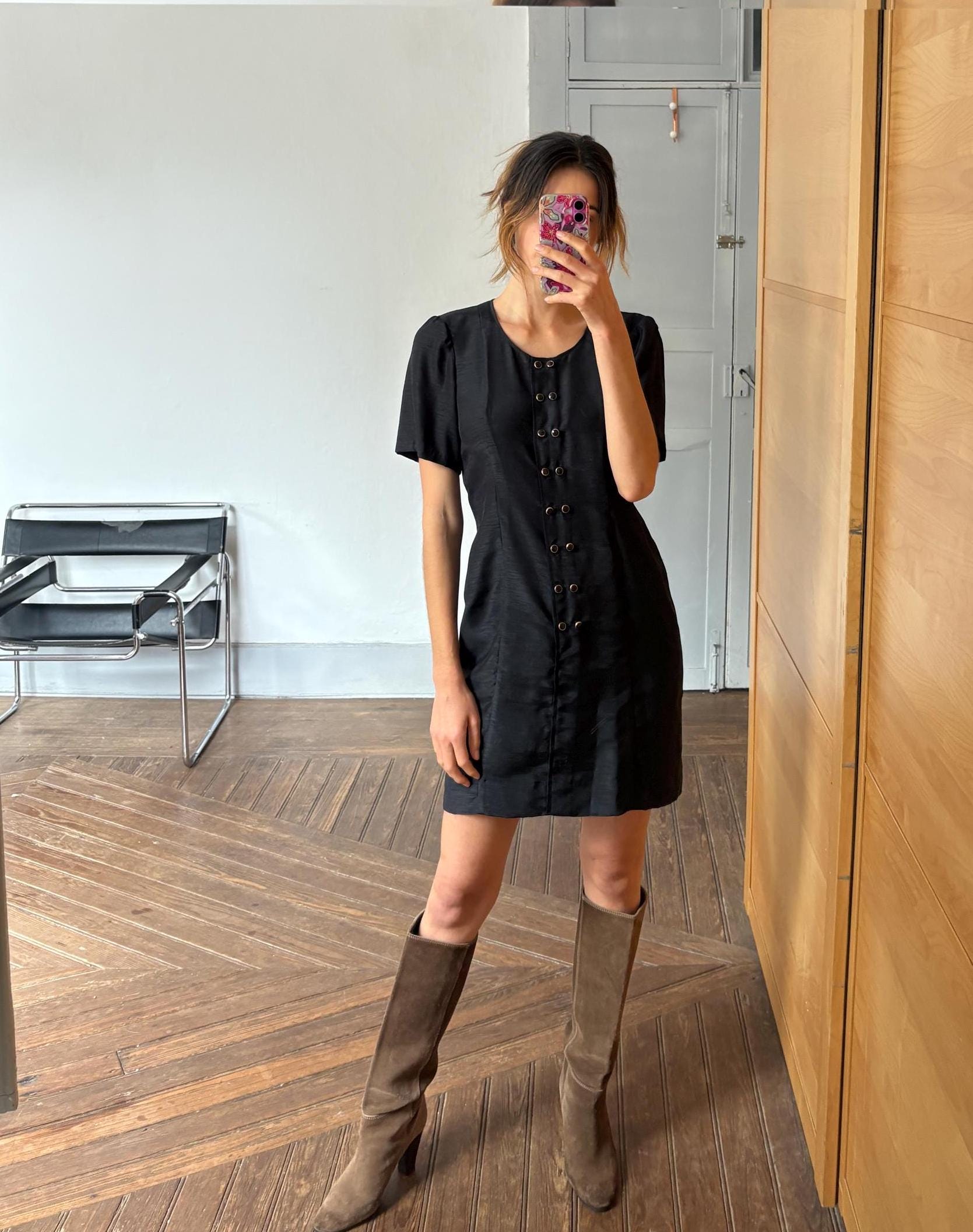 Vintage Handmade Black Dress Short Sleeve Elegant Minimalist Shift Dress with Button Details Retro 90s Chic Cocktail Party Outfit