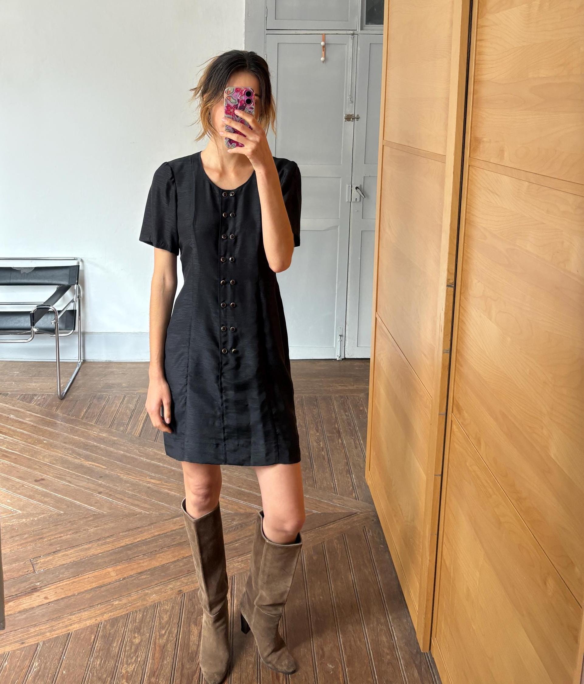 Vintage Handmade Black Dress Short Sleeve Elegant Minimalist Shift Dress with Button Details Retro 90s Chic Cocktail Party Outfit