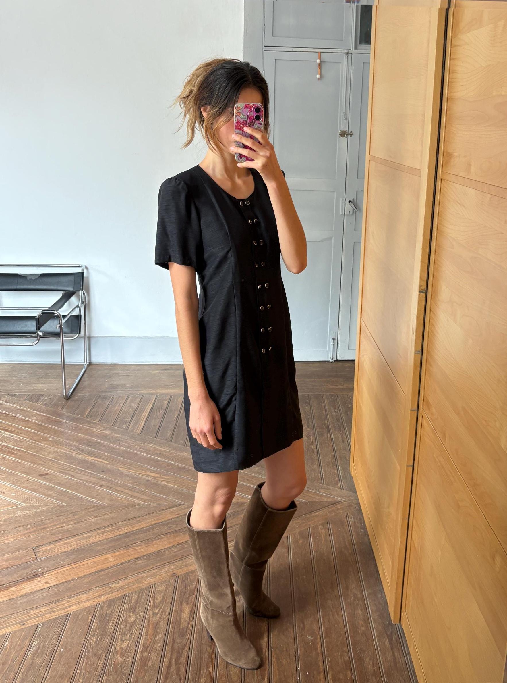 Vintage Handmade Black Dress Short Sleeve Elegant Minimalist Shift Dress with Button Details Retro 90s Chic Cocktail Party Outfit