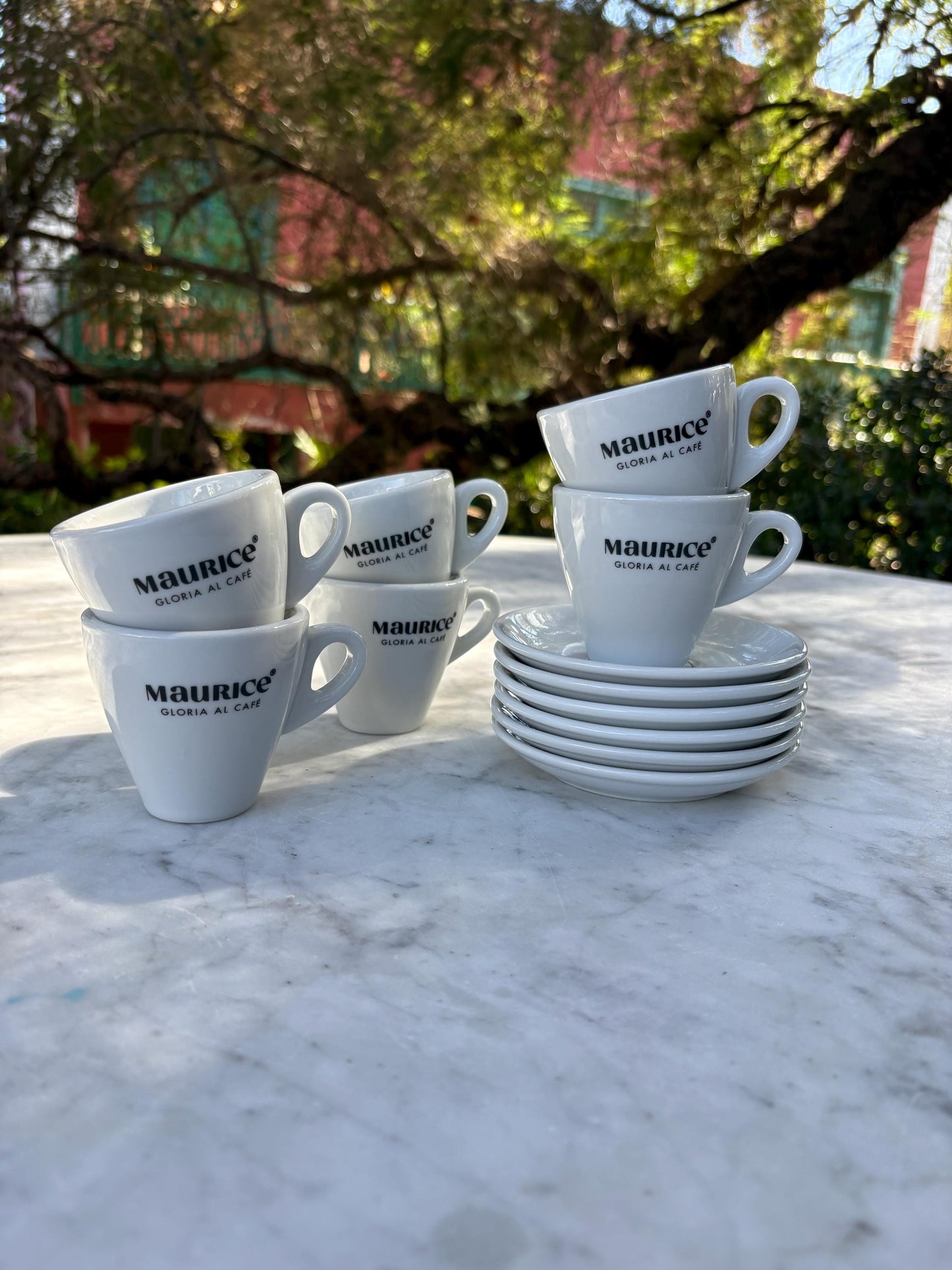 Thick rimmed Vintage Maurice Gloria al cafe Espresso cups, Set of 6 Cups and saucers, Specialty coffee lover gift