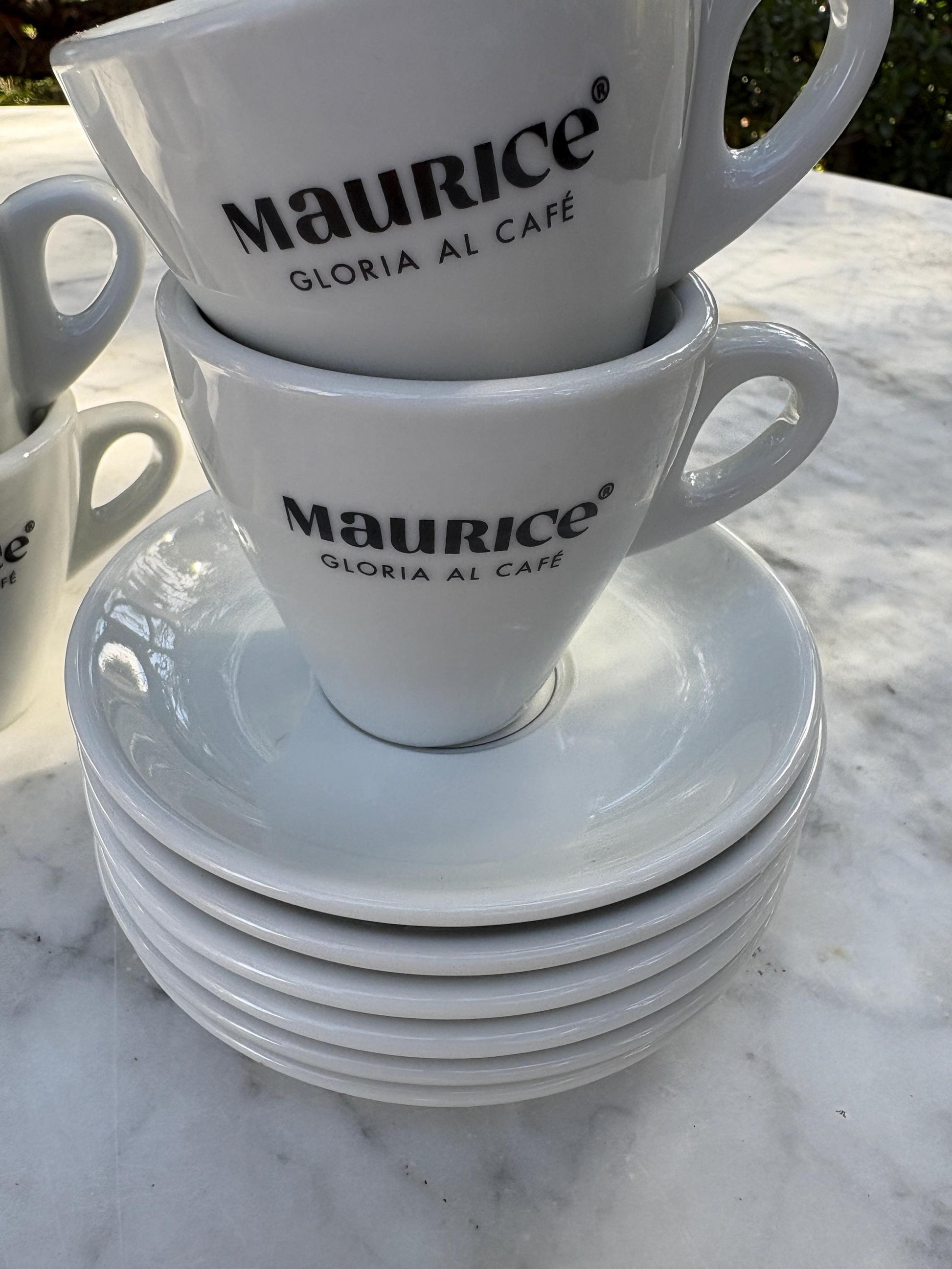 Thick rimmed Vintage Maurice Gloria al cafe Espresso cups, Set of 6 Cups and saucers, Specialty coffee lover gift