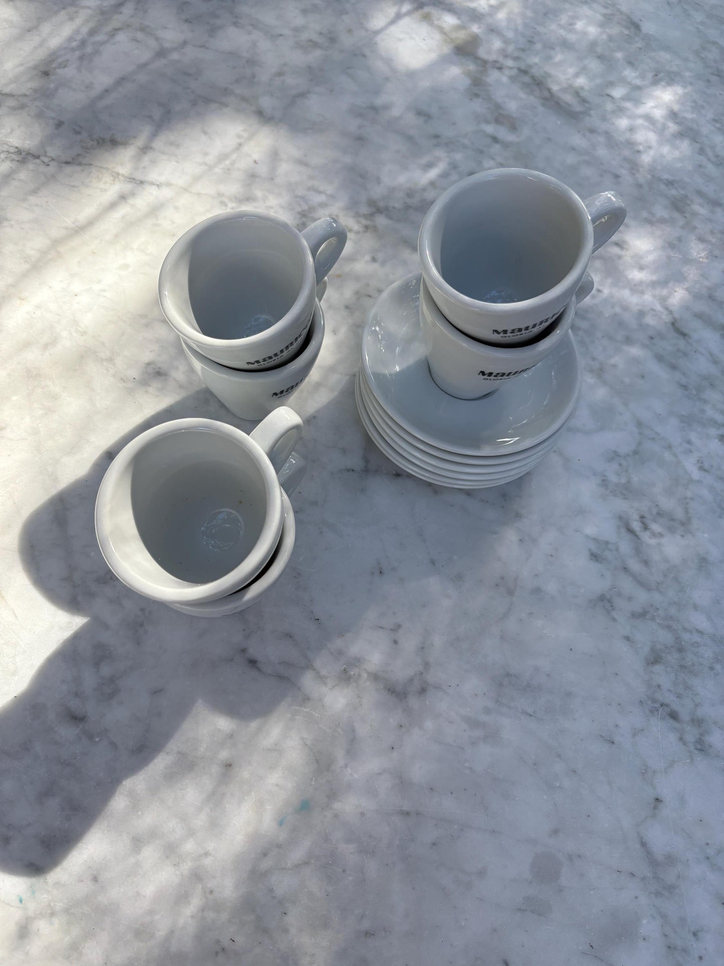 Thick rimmed Vintage Maurice Gloria al cafe Espresso cups, Set of 6 Cups and saucers, Specialty coffee lover gift