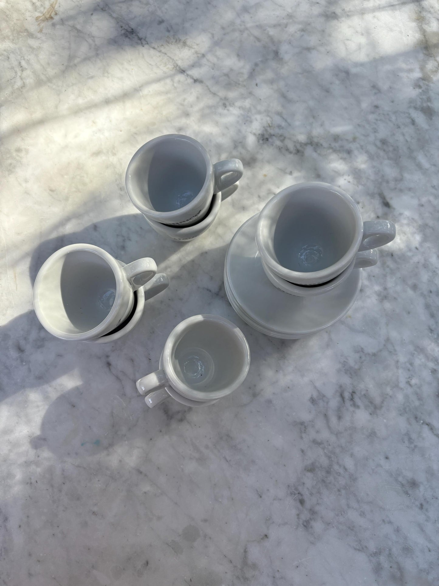 Thick rimmed Vintage Maurice Gloria al cafe Espresso cups, Set of 6 Cups and saucers, Specialty coffee lover gift