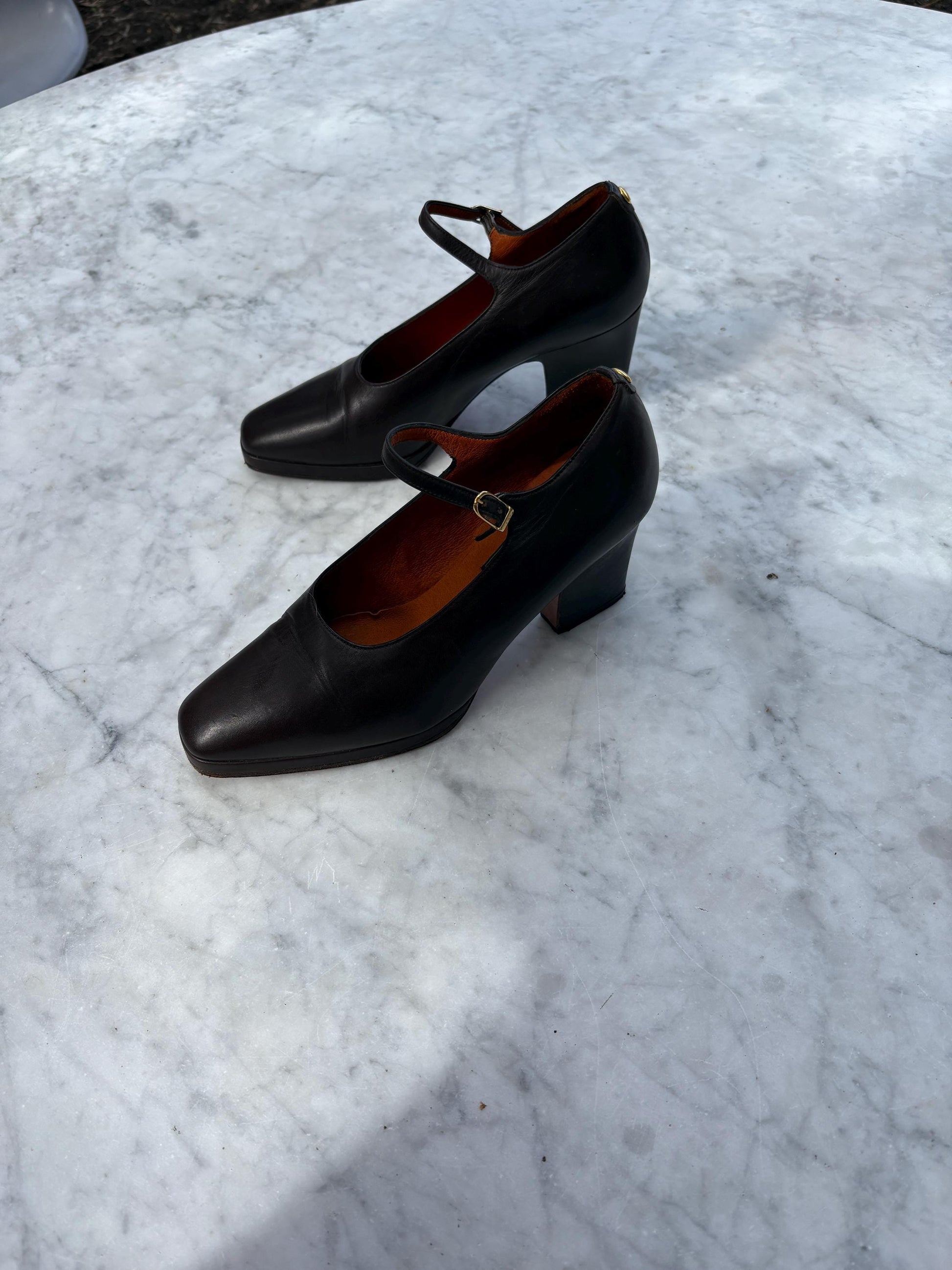 Vintage El Caballo dark brown leather Mary Jane heels, 8 cm block heel shoes, made in Spain, 36 size, classic retro leather pumps