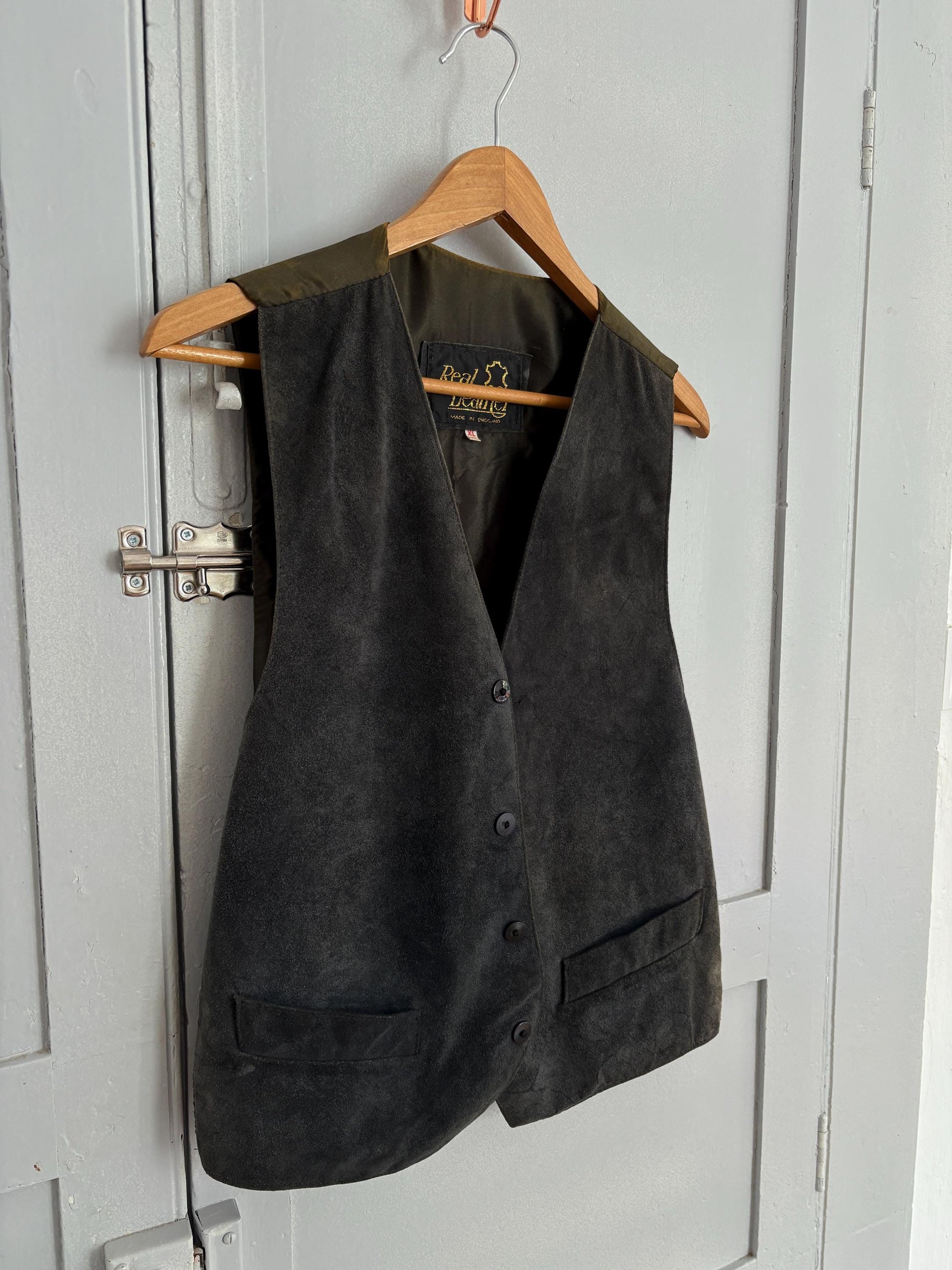 Vintage Genuine Leather Vest Made in England Suede Button-Up Gilet Unisex Western Boho Waistcoat Men's XL