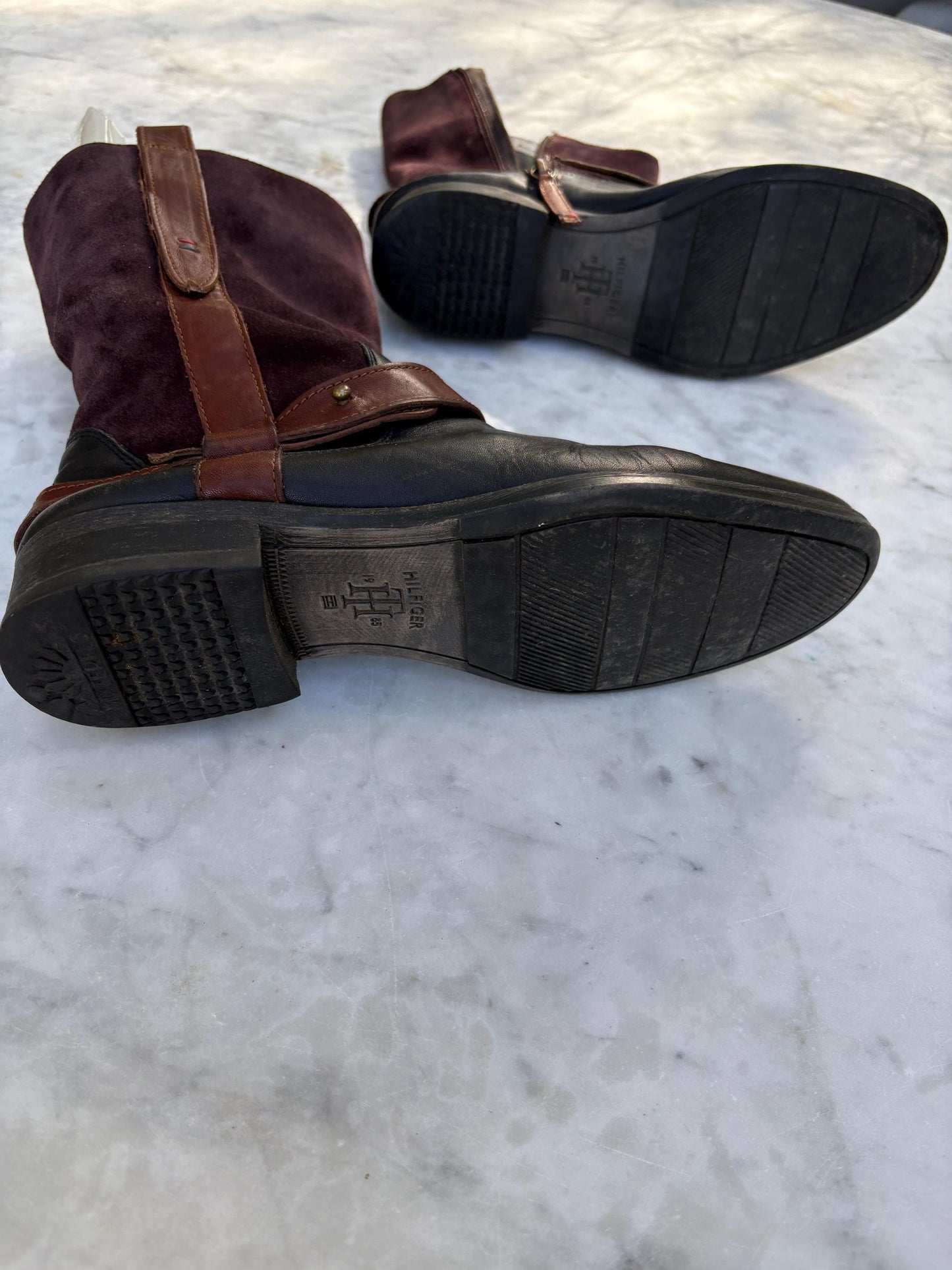 Vintage Tommy Hilfiger leather boots, Women's plaid Wellington Boots, Fancy fashionable short boots, Designer, Size EU 39