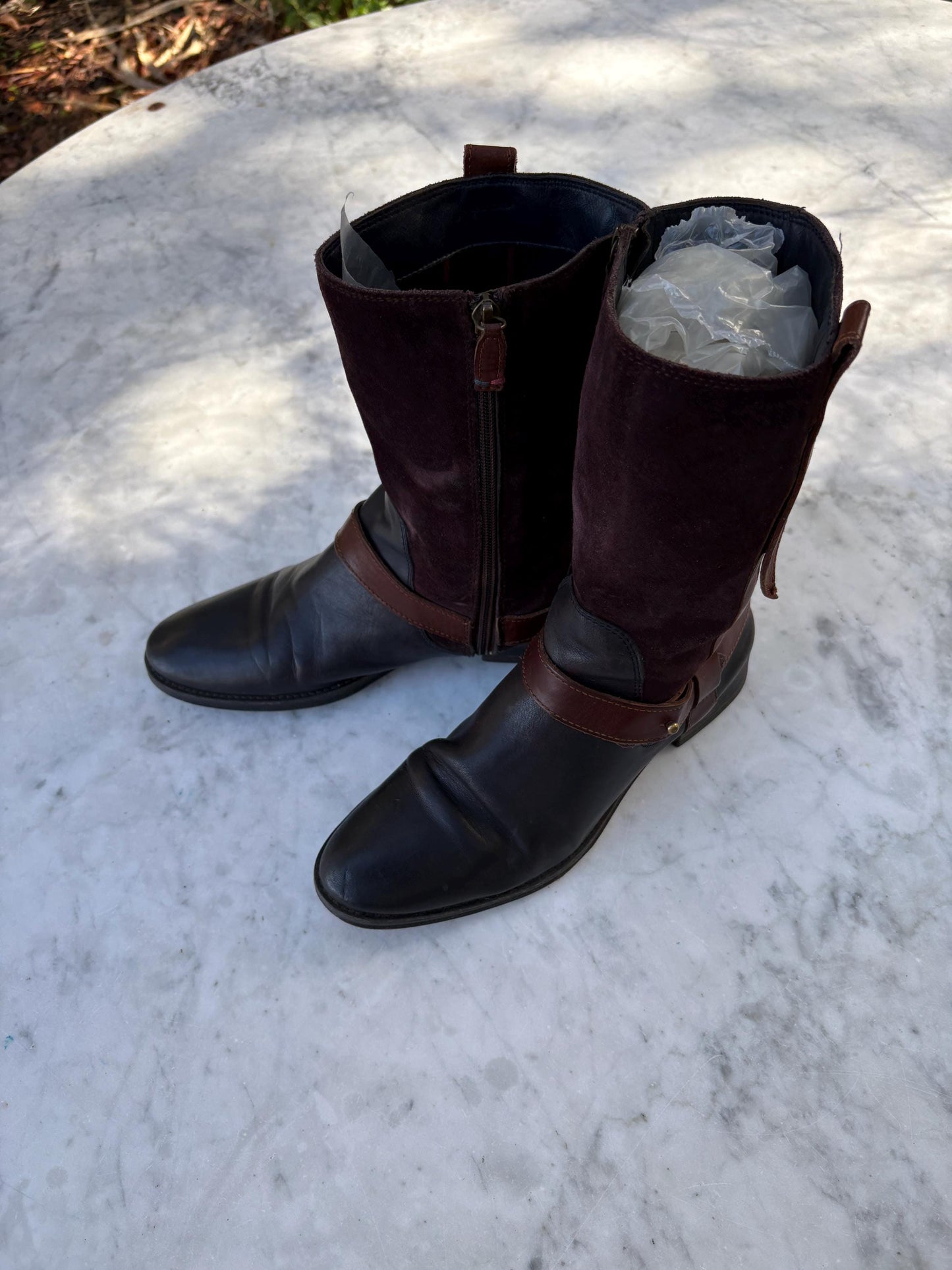 Vintage Tommy Hilfiger leather boots, Women's plaid Wellington Boots, Fancy fashionable short boots, Designer, Size EU 39