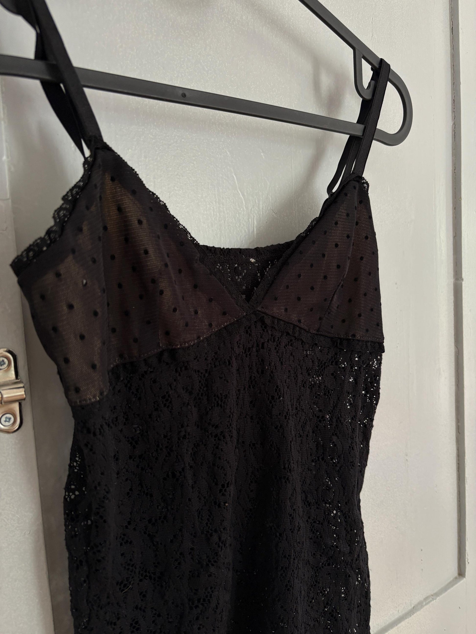 Vintage Black Lace Mesh Camisole – Sheer Polka Dot Cup Detail – Size XS