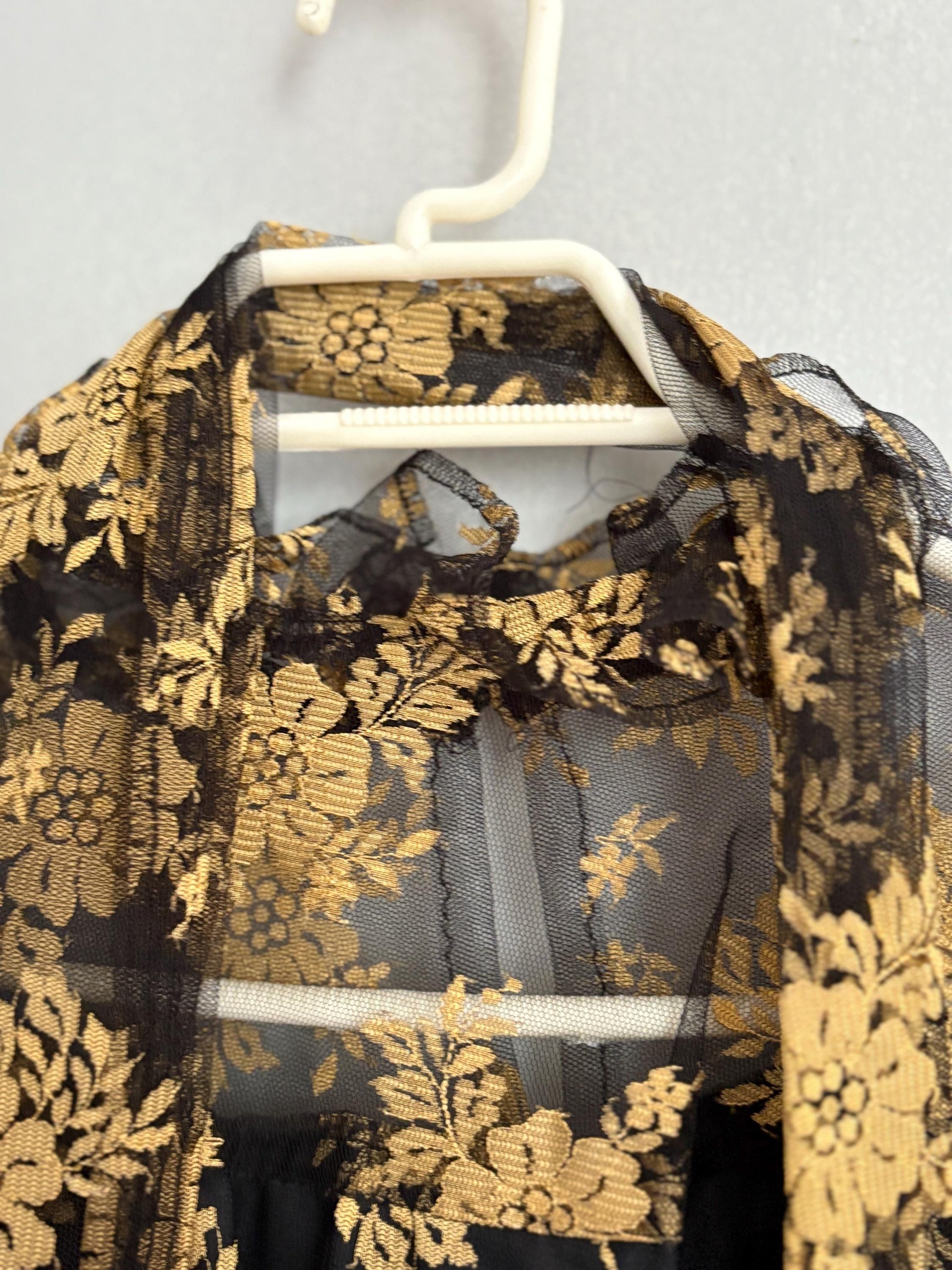 Vintage lace sheer top romantic gothic floral blouse with long scarf tie versatile styling option