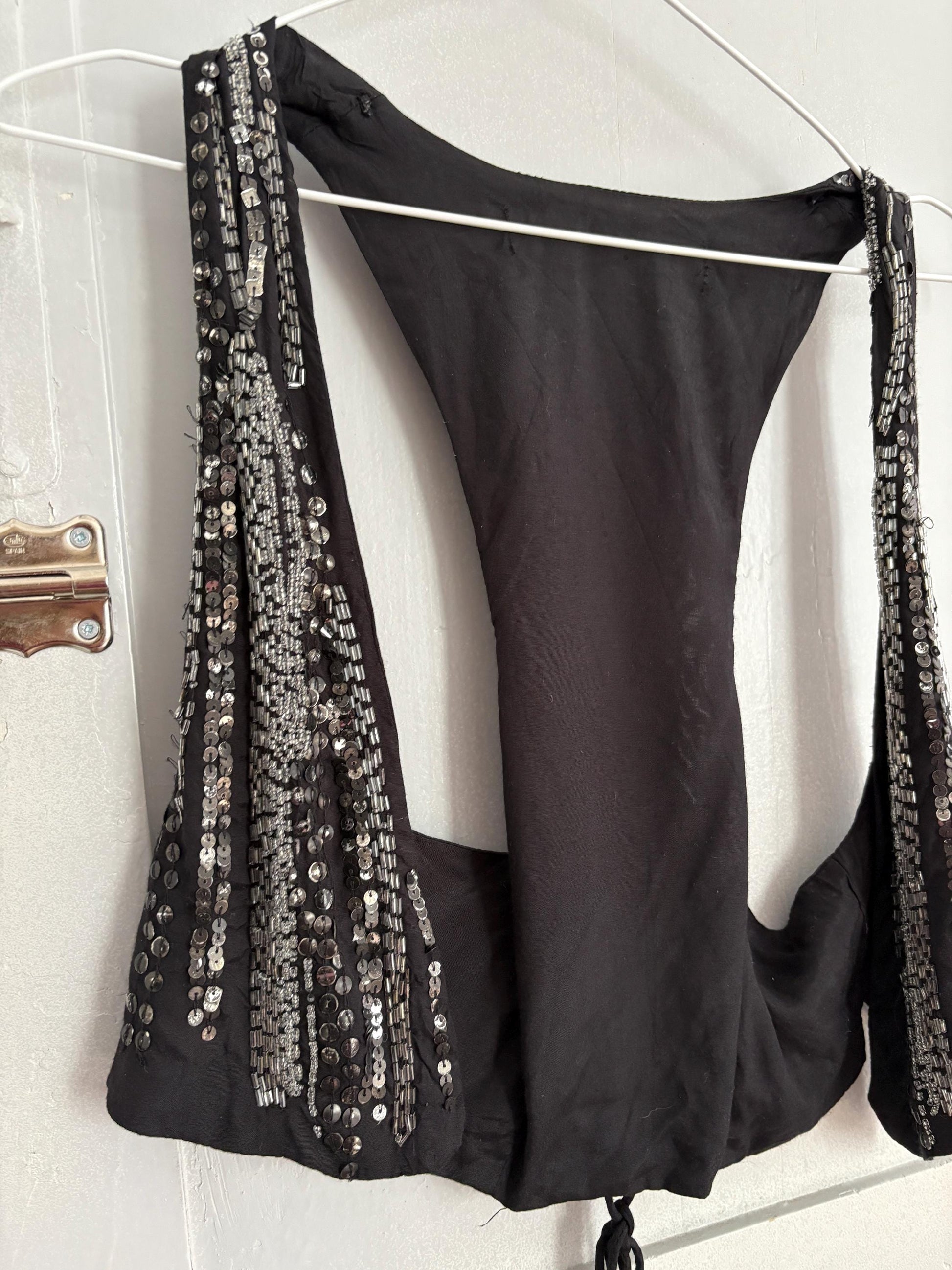 Vintage luxury embellished black gilet, Festive sequin embroidered Vest, Sleeveless Women bolero, Smart Christmas eve waistcoat, Size XS - S