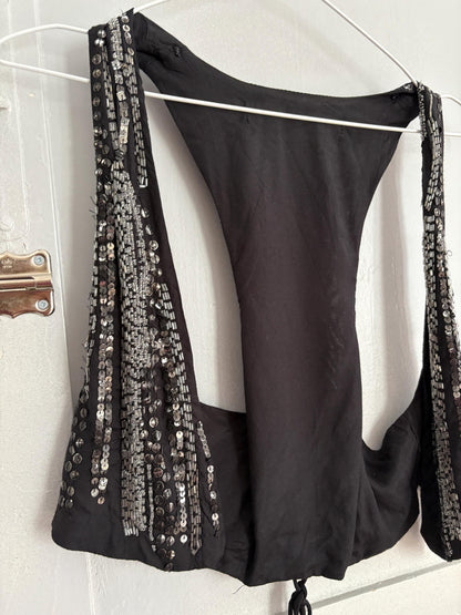 Vintage luxury embellished black gilet, Festive sequin embroidered Vest, Sleeveless Women bolero, Smart Christmas eve waistcoat, Size XS - S