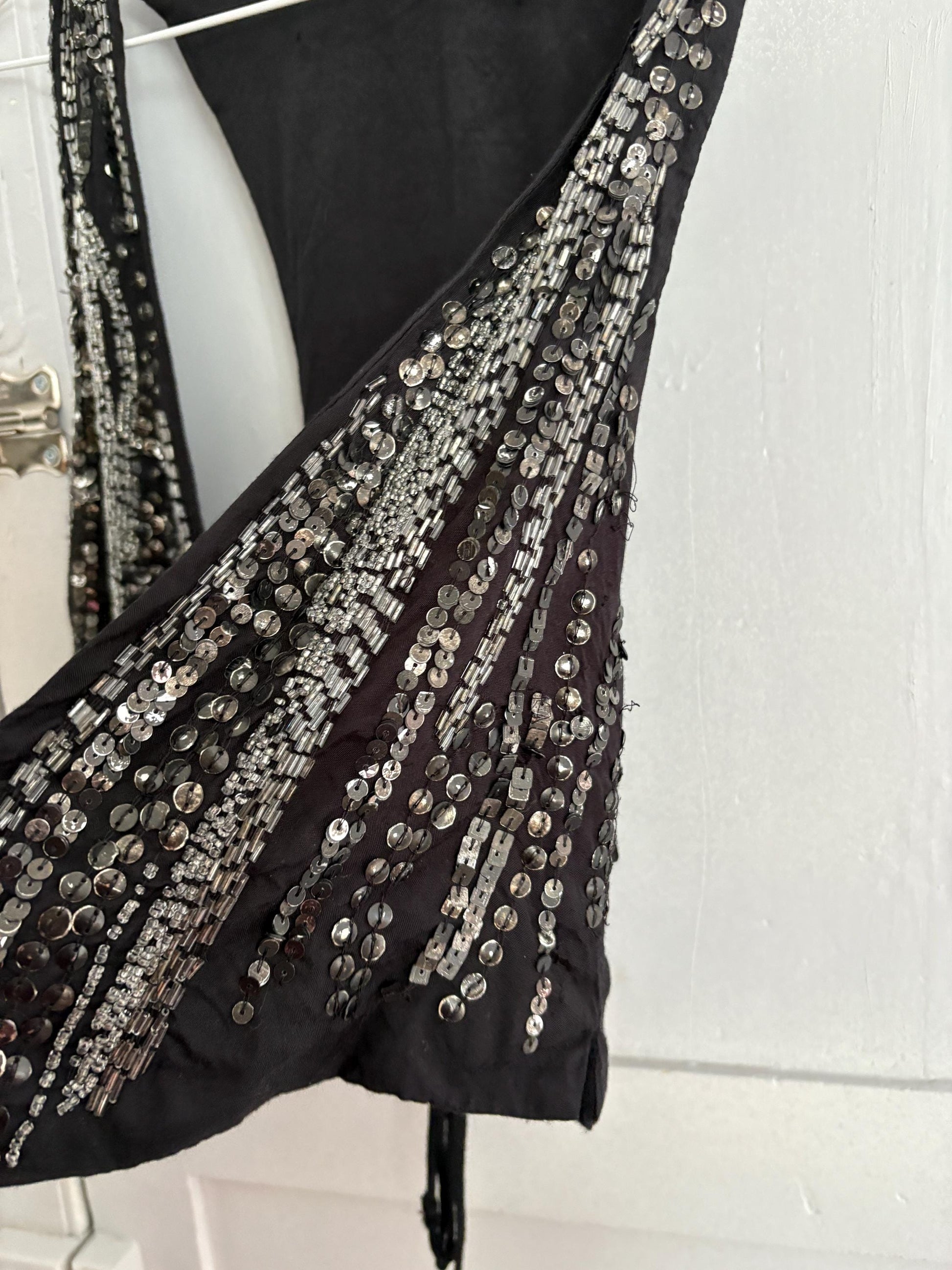 Vintage luxury embellished black gilet, Festive sequin embroidered Vest, Sleeveless Women bolero, Smart Christmas eve waistcoat, Size XS - S