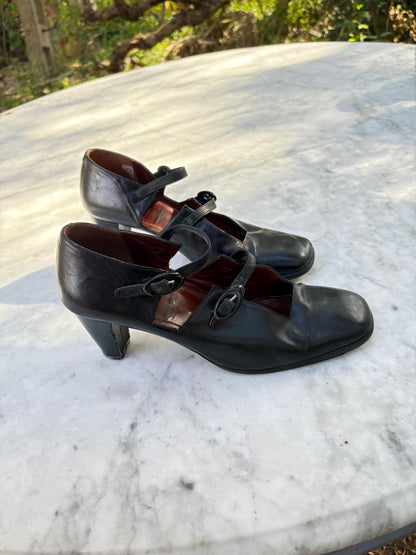 Vintage Black Leather Mary Jane Heels — back view