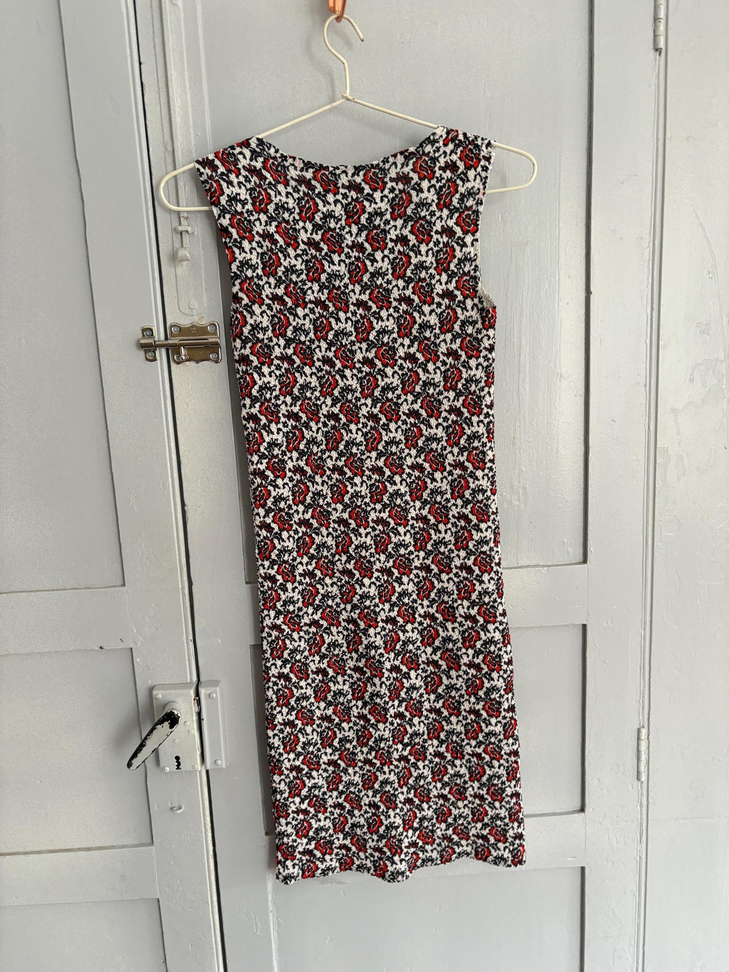 Vintage Adolfo Dominguez Bodycon Floral Mini Dress in Stretch Fabric Red Black White Size S EU36