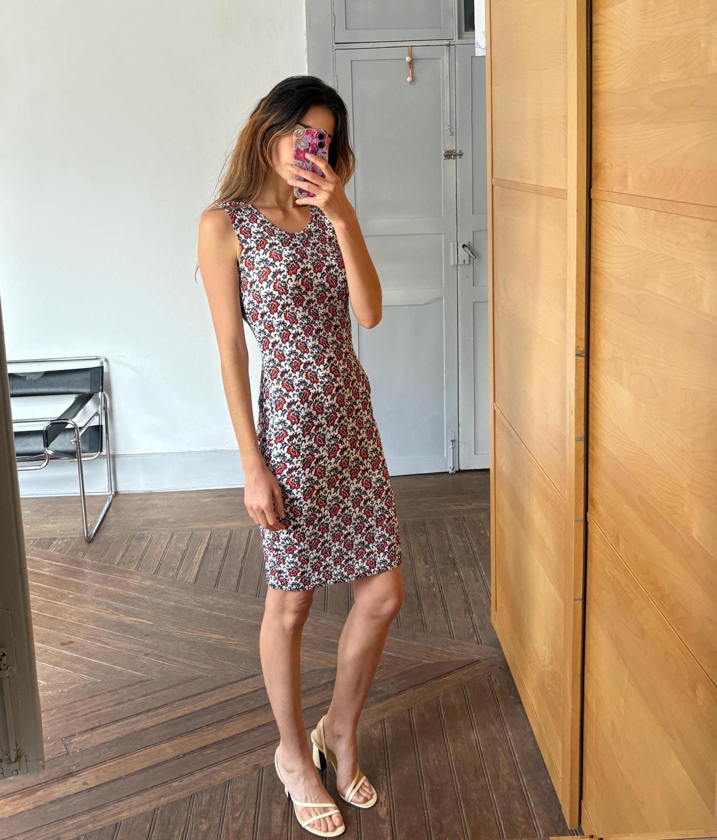 Vintage Adolfo Dominguez Bodycon Floral Mini Dress in Stretch Fabric Red Black White Size S EU36