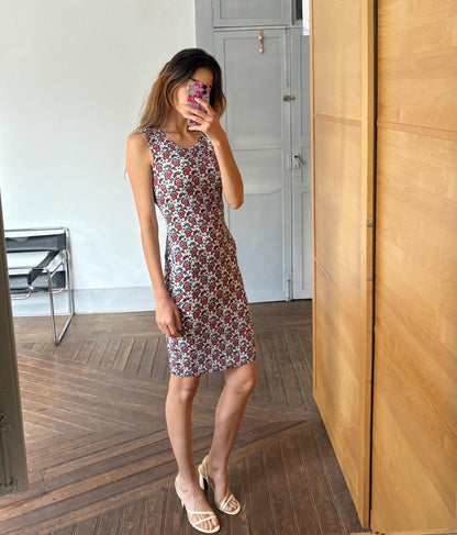 Vintage Adolfo Dominguez Floral Bodycon Mini Dress — fabric close-up