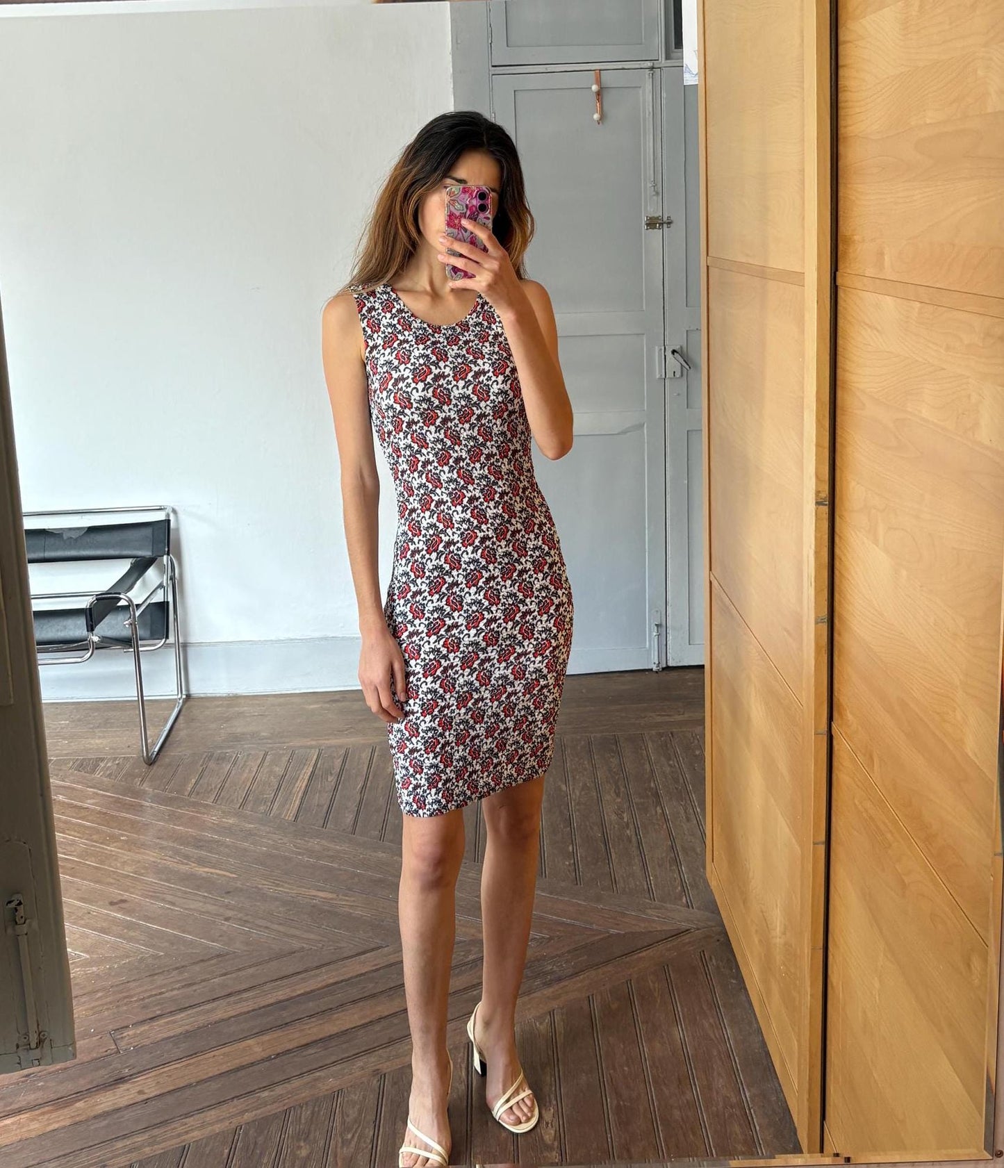 Vintage Adolfo Dominguez Bodycon Floral Mini Dress in Stretch Fabric Red Black White Size S EU36