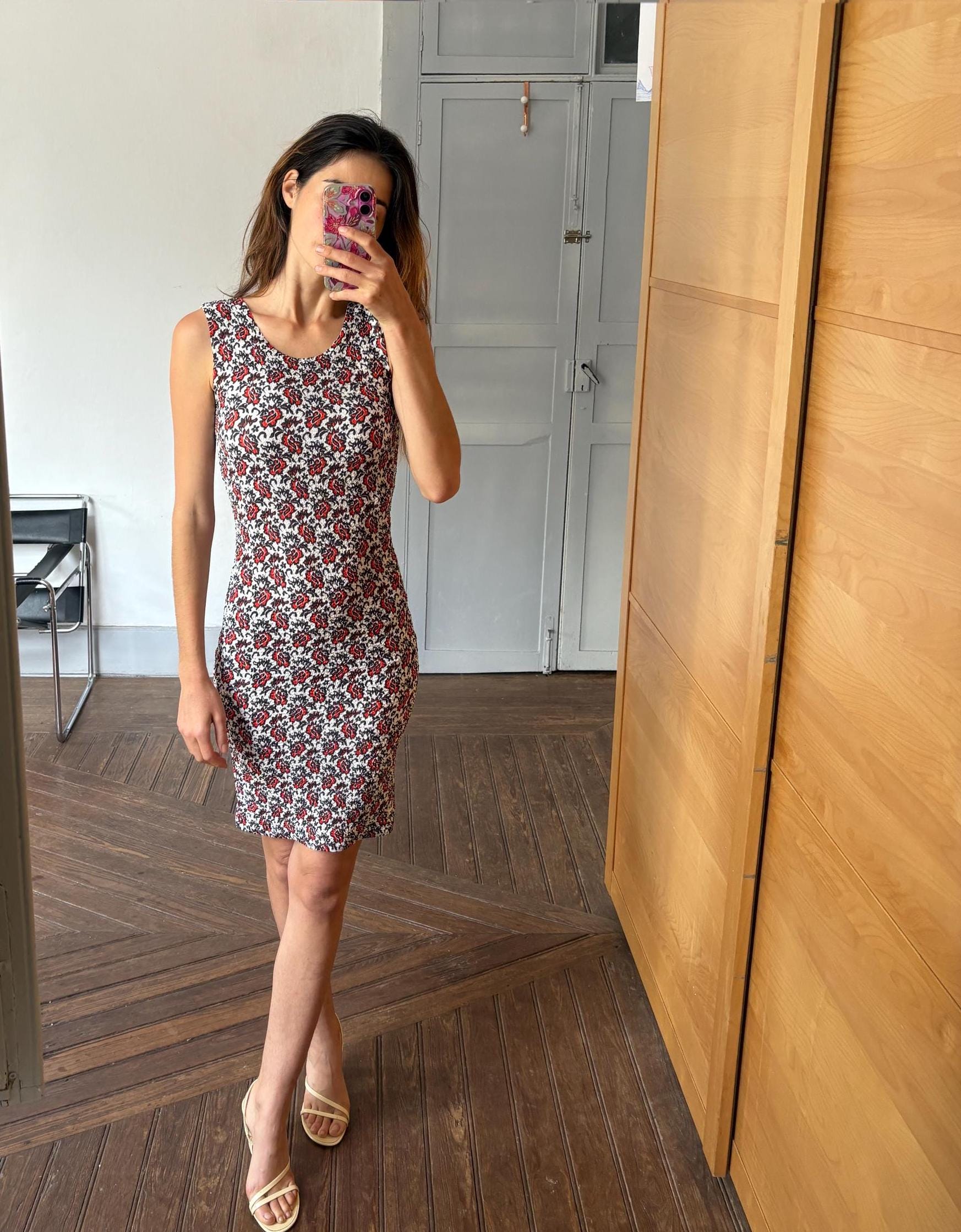 Vintage Adolfo Dominguez Bodycon Floral Mini Dress in Stretch Fabric Red Black White Size S EU36