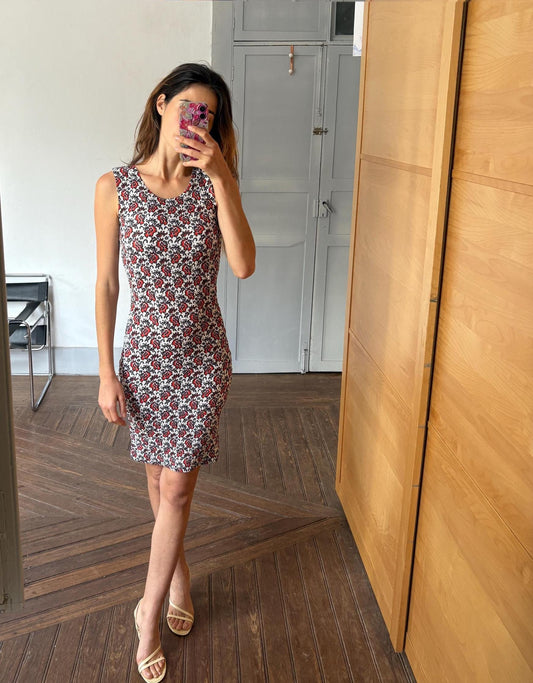 Vintage Adolfo Dominguez Bodycon Floral Mini Dress in Stretch Fabric Red Black White Size S EU36