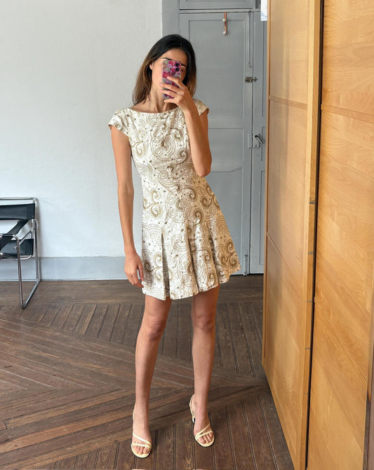 Vintage white embroidered fit and flare summer mini dress with cap sleeves and swirl floral pattern cotton elastane blend