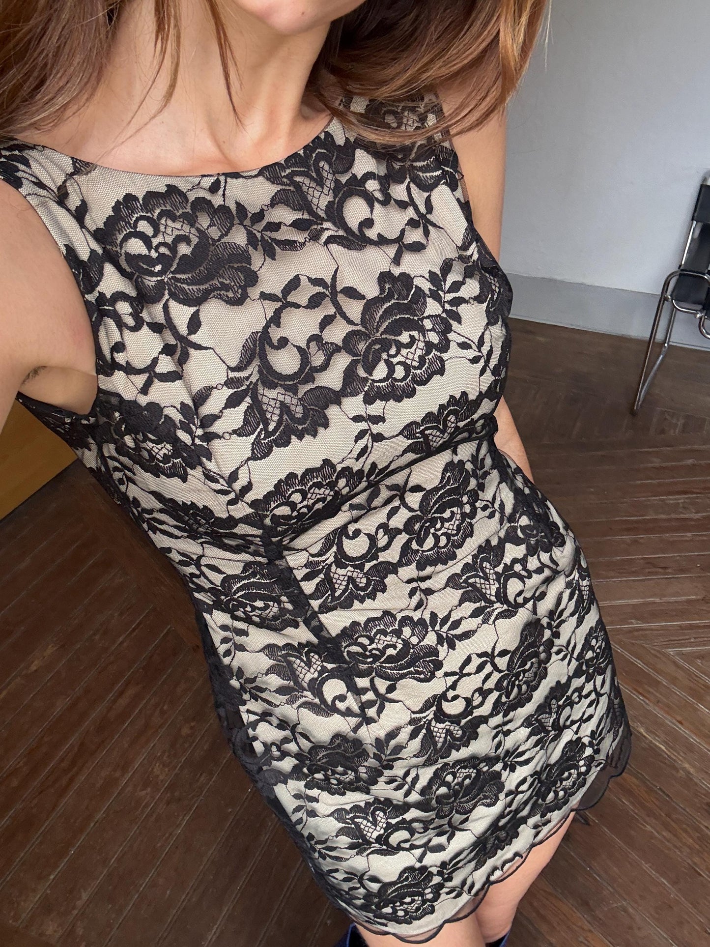 Vintage handmade black lace overlay mini dress with nude lining and floral details, elegant evening party outfit S size