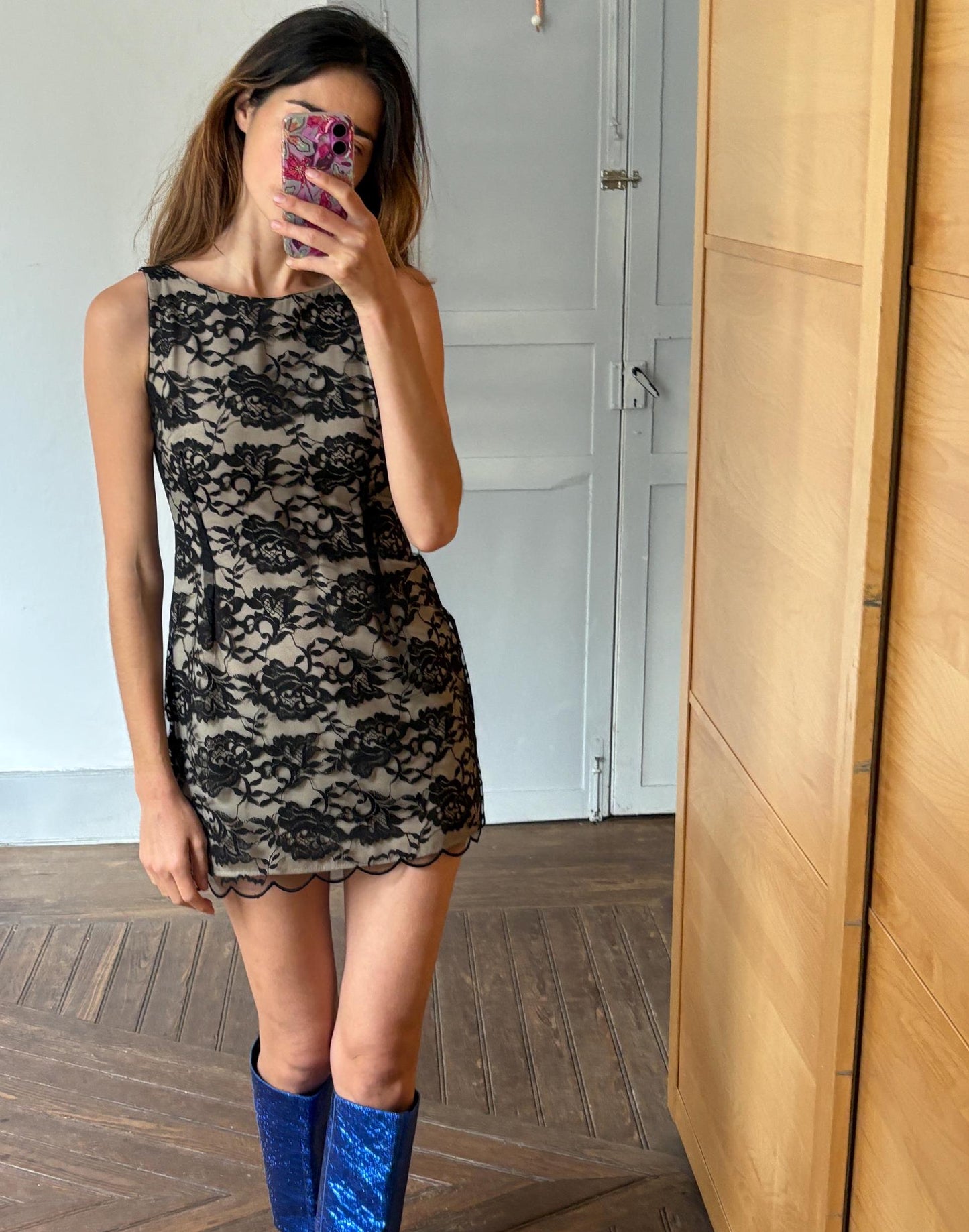 Vintage handmade black lace overlay mini dress with nude lining and floral details, elegant evening party outfit S size