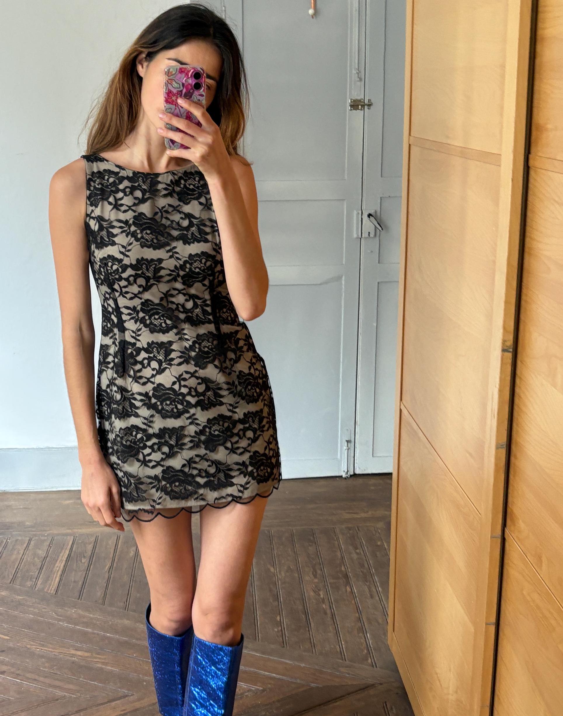 Vintage handmade black lace overlay mini dress with nude lining and floral details, elegant evening party outfit S size