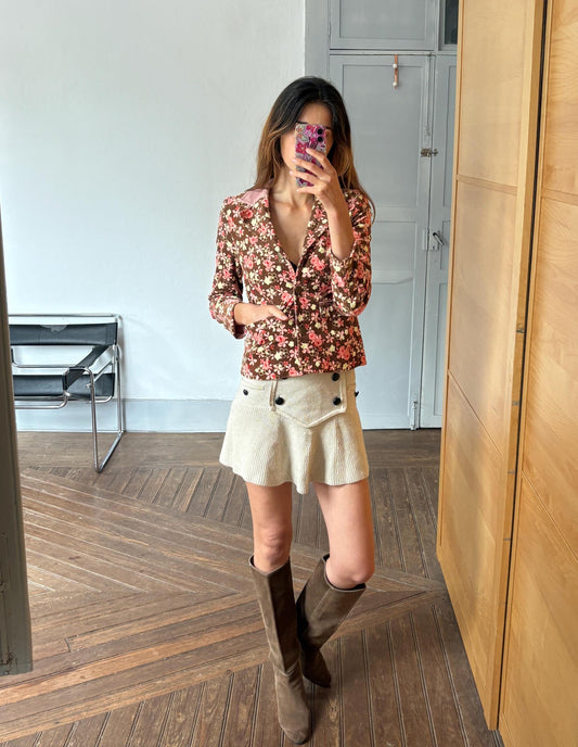 Vintage floral corduroy blazer jacket – Y2K aesthetic, cropped fit, pink brown flower print, cottagecore layering piece