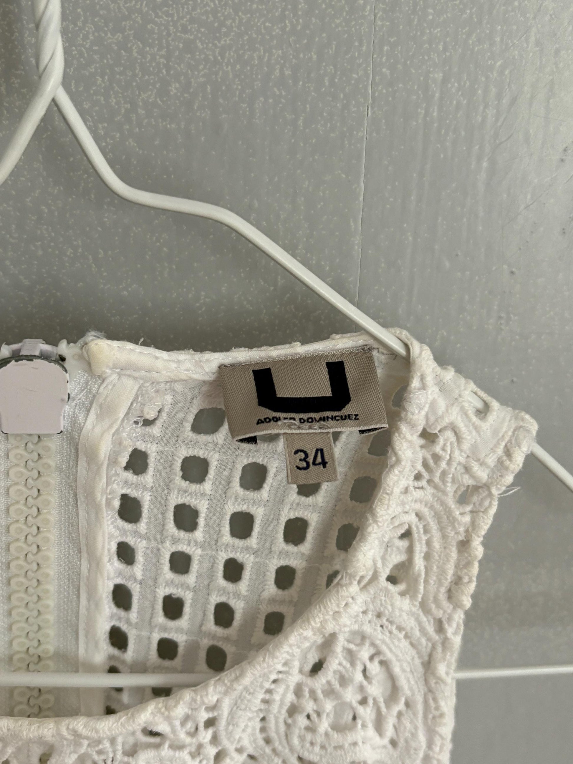 Vintage Adolfo Dominguez White Mini Dress EU 34 – Lace Detail Bridal Summer Party Dress