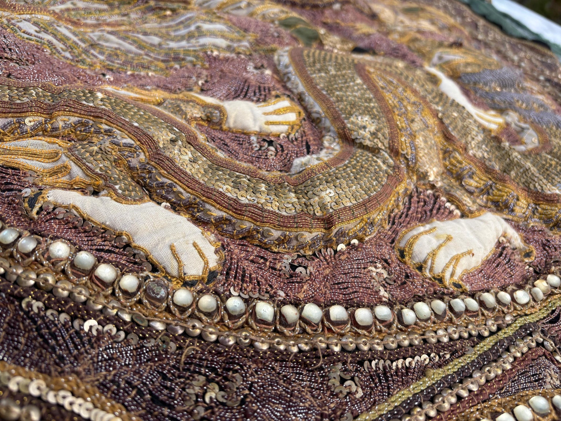 Large Antique Burmese Kalaga Tapestry – Hand-Embroidered Beaded Wall Hanging – Gold Silver Thread Dragon & Peacock – 19th/20th Century