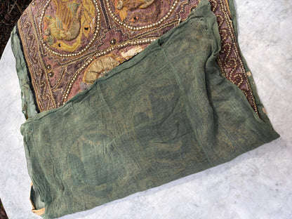 Large Antique Burmese Kalaga Tapestry – Hand-Embroidered Beaded Wall Hanging – Gold Silver Thread Dragon & Peacock – 19th/20th Century