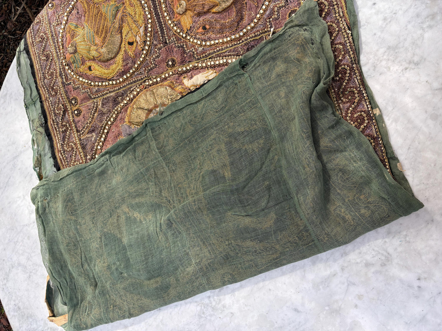 Large Antique Burmese Kalaga Tapestry – Hand-Embroidered Beaded Wall Hanging – Gold Silver Thread Dragon & Peacock – 19th/20th Century